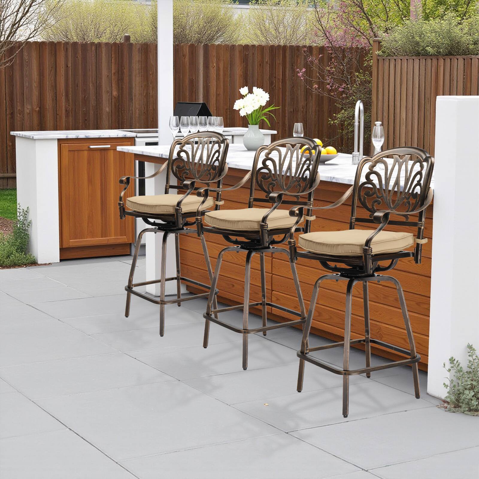 Alt View 6. SlickBlue - Outdoor Aluminum Bar Stools with 360° Swivel, Weatherproof Design, Set of 2 for Patio, Deck, or Poolside - Bronze.