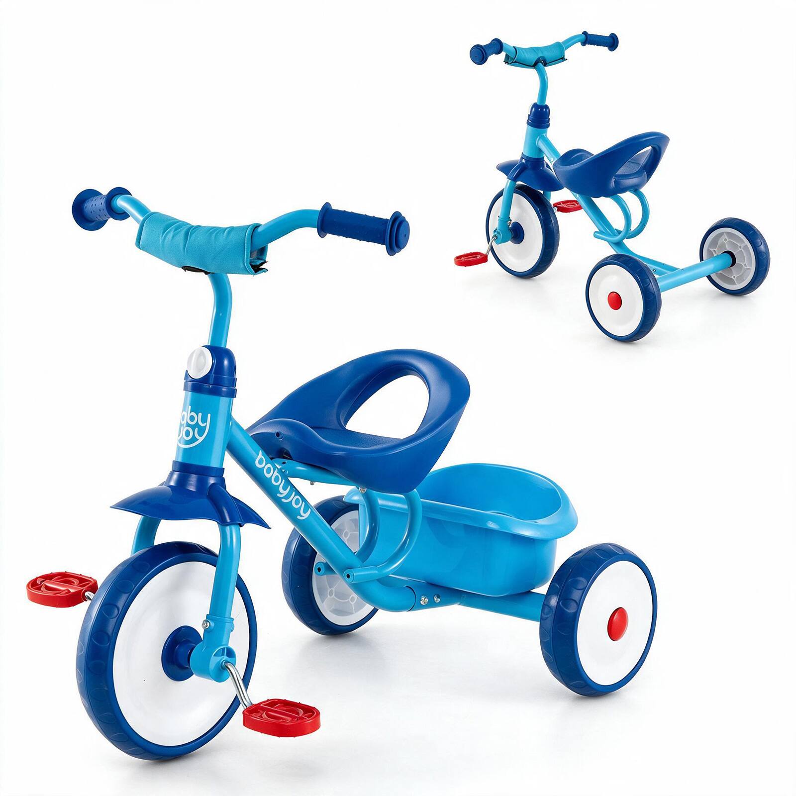 Front. Costway - Babyjoy Toddler Tricycle with Removable Rear Storage Basket, Indoor Outdoor Toddler Bike - Blue.
