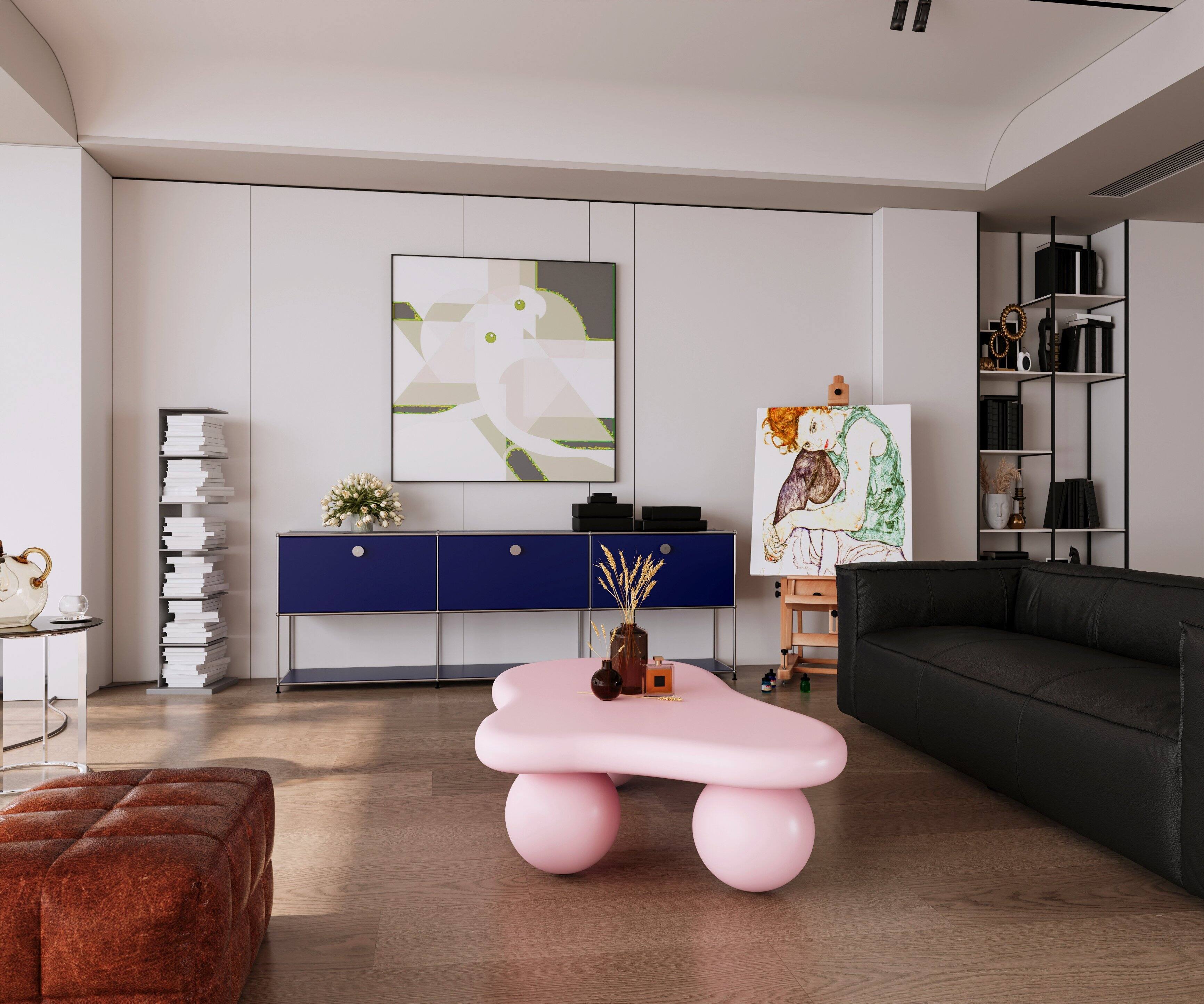 Alt View 3. Loheer - Loheer 47 Inch Cloud Shaped Coffee Table Pink Low Profile Center Table with Ball Legs for Living Room - Pink.