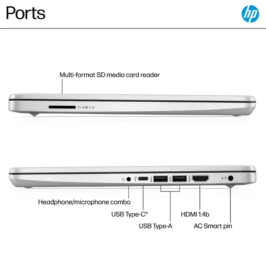 Ports: Multi-format SD media card reader, Headphone/microphone combo, USB Type-C, USB Type-A, HDMI 1.4b, AC Smart pin.