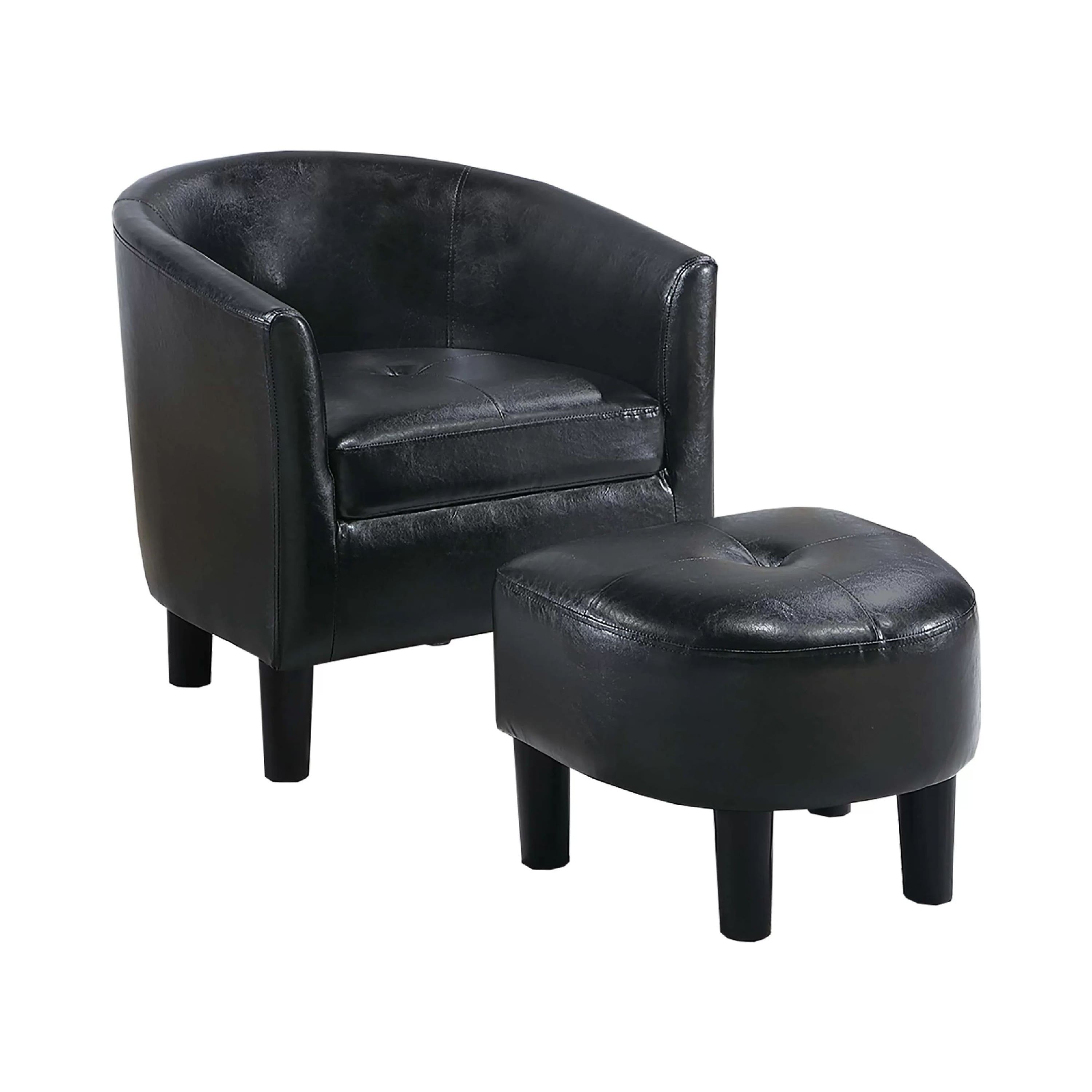 Manhattan Lane - 2pc Accent Chair and Ottoman Set, Faux Leather, Foam Cushions - Black