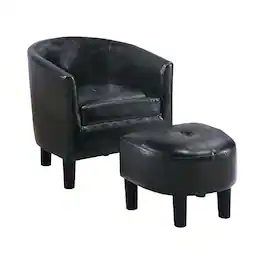 Manhattan Lane - 2pc Accent Chair and Ottoman Set, Faux Leather, Foam Cushions - Black