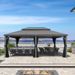 PURPLE LEAF - Light Gray Aluminum Power-Coated Frame Galvanized Steel Double Roof Hardtop Gazebo,Hooks Netting Curtain - 14' X 20'