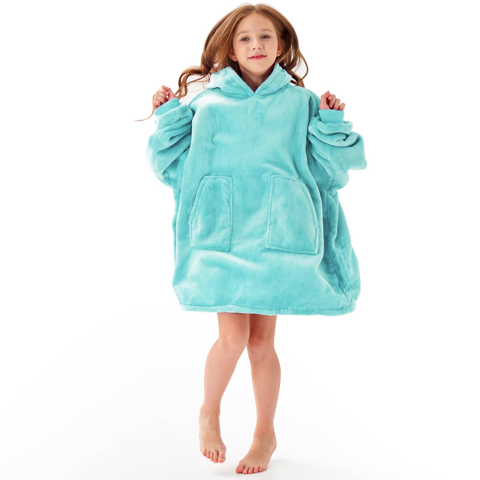 Front. Pacoar Cade - Wearable Blanket Shark Hoodie Sweatshirt Warm Cozy Sherpa Hooded As Gifts For 6-15 Years Soft Fluffy Wearable Blanket: - (B)teal/Kid-Kids.