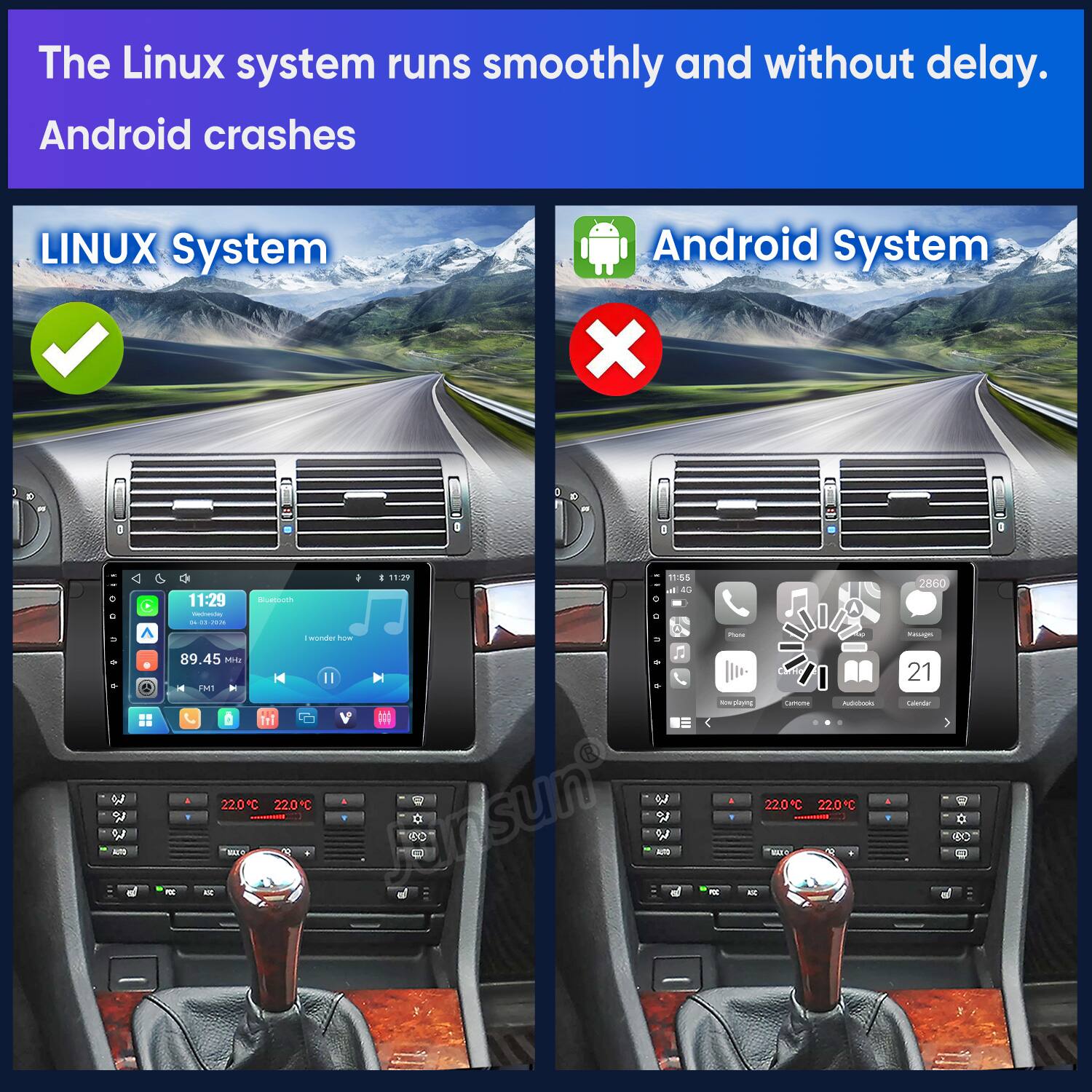 The Linux system runs smoothly and without delay. Android crashes

LINUX System
Android System

11:29 11:55
It AG 11:29 Bluetooth 0
2036 Photo Iwonder how 89.45 MHz K FM1
Now playing CAPORA Audiaboaks LUS 220% 22.0C 220C 220C OZ
cass Jursun' 400 FOO ARC III
2860 Kaugo 21 Calorator SC