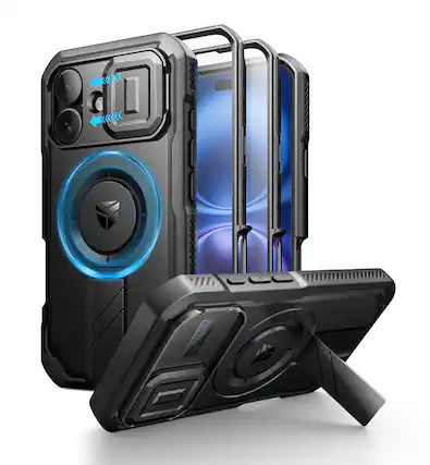 Front. dexnor - Dexnor for iPhone 16 Case with Slide Camera Cover & Adjustable Kickstand & Built-in Screen Protector,Black - Black.