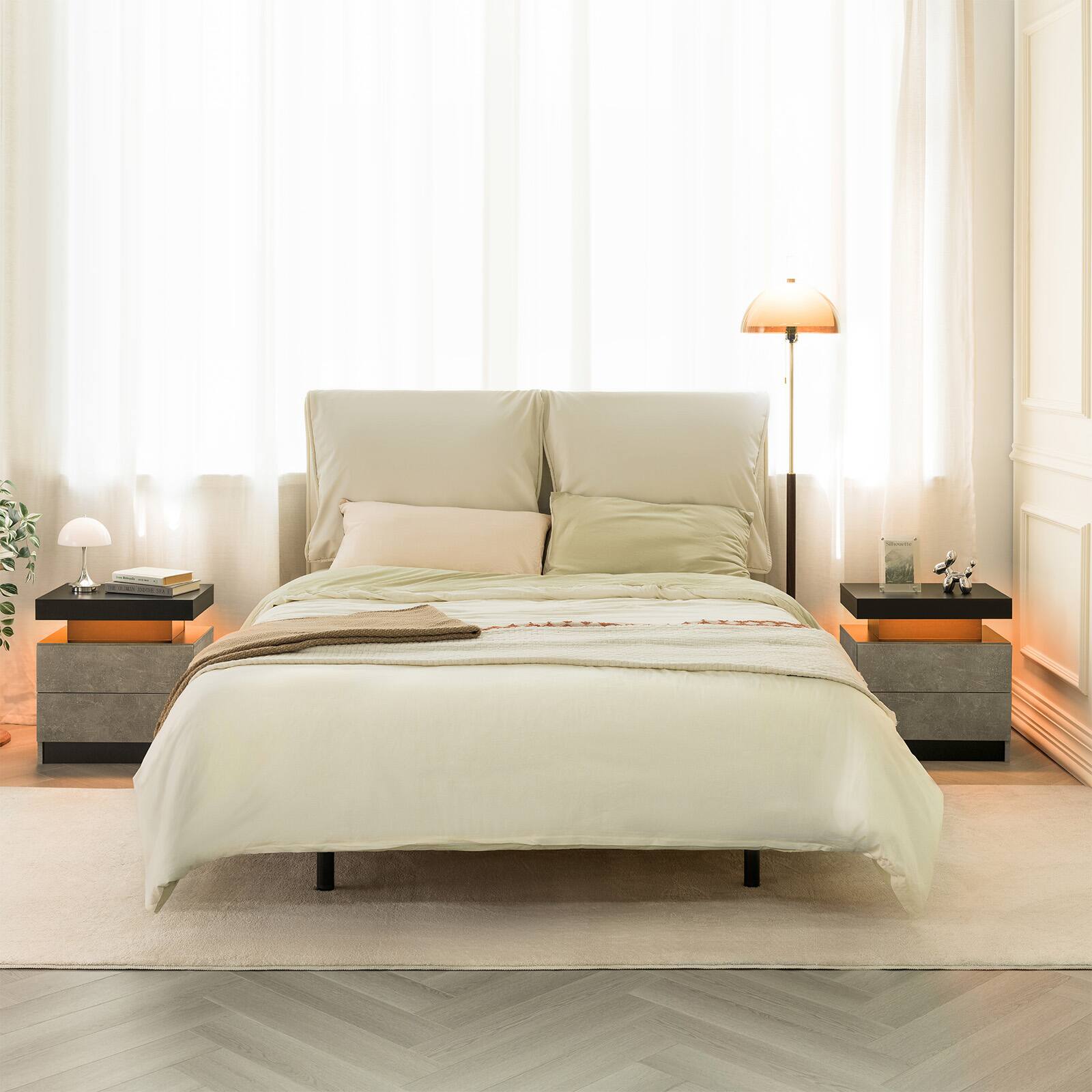 Alt View 5. Meqiodas - Nightstand LED Bedside Table Cabinet Lights Modern End Side with 2 Drawers for Bedroom - Gray.