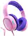 The image features a pink and purple headset with a purple headband. The headset is designed for children and has a volume control. The headset is made by the company KHO1, and it is model number AEE4AT. The headset is designed to have a noise reduction of 93 dB and a sound output of 65 dB.
