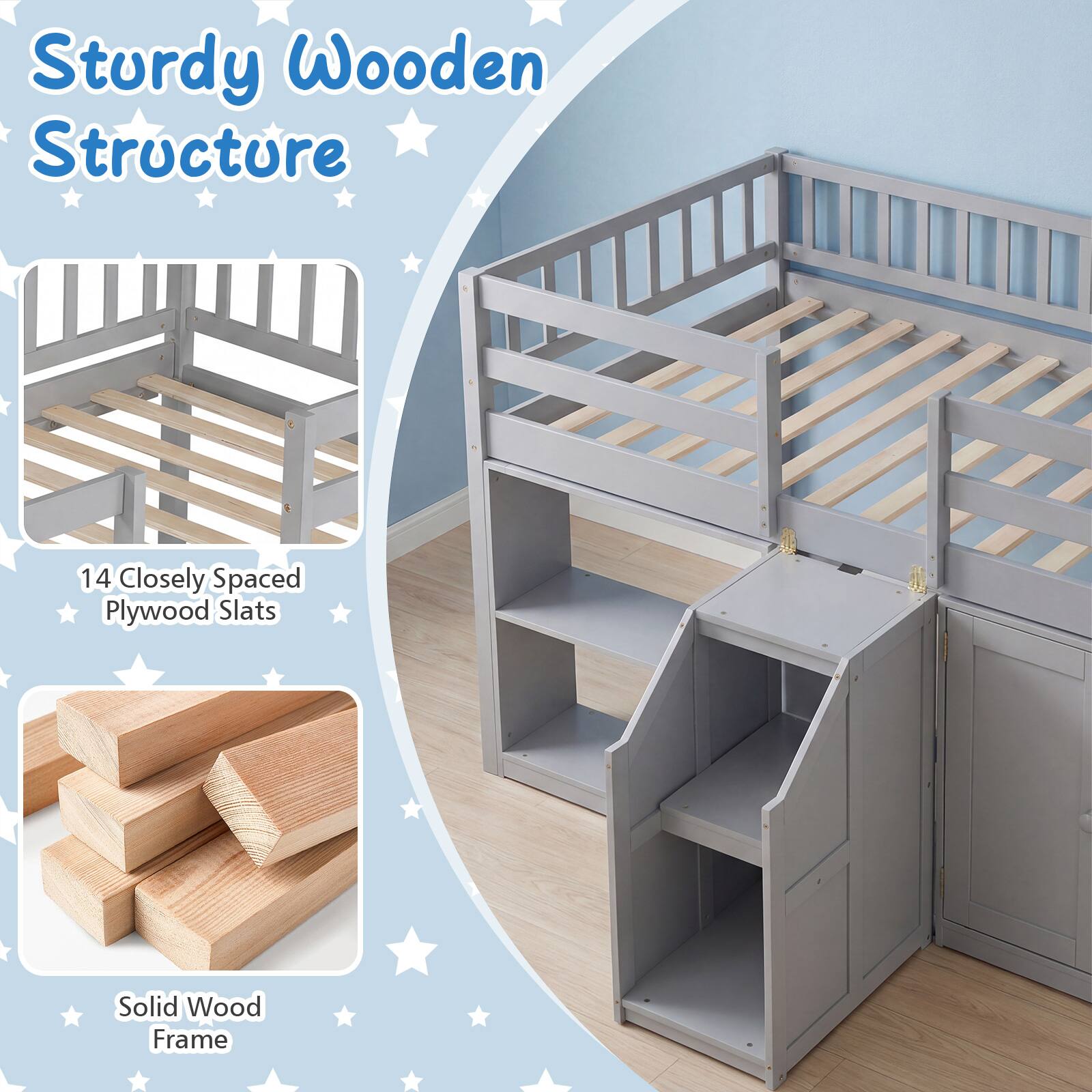 Sturdy Wooden Structure  
14 Closely Spaced Plywood Slats  
Solid Wood Frame