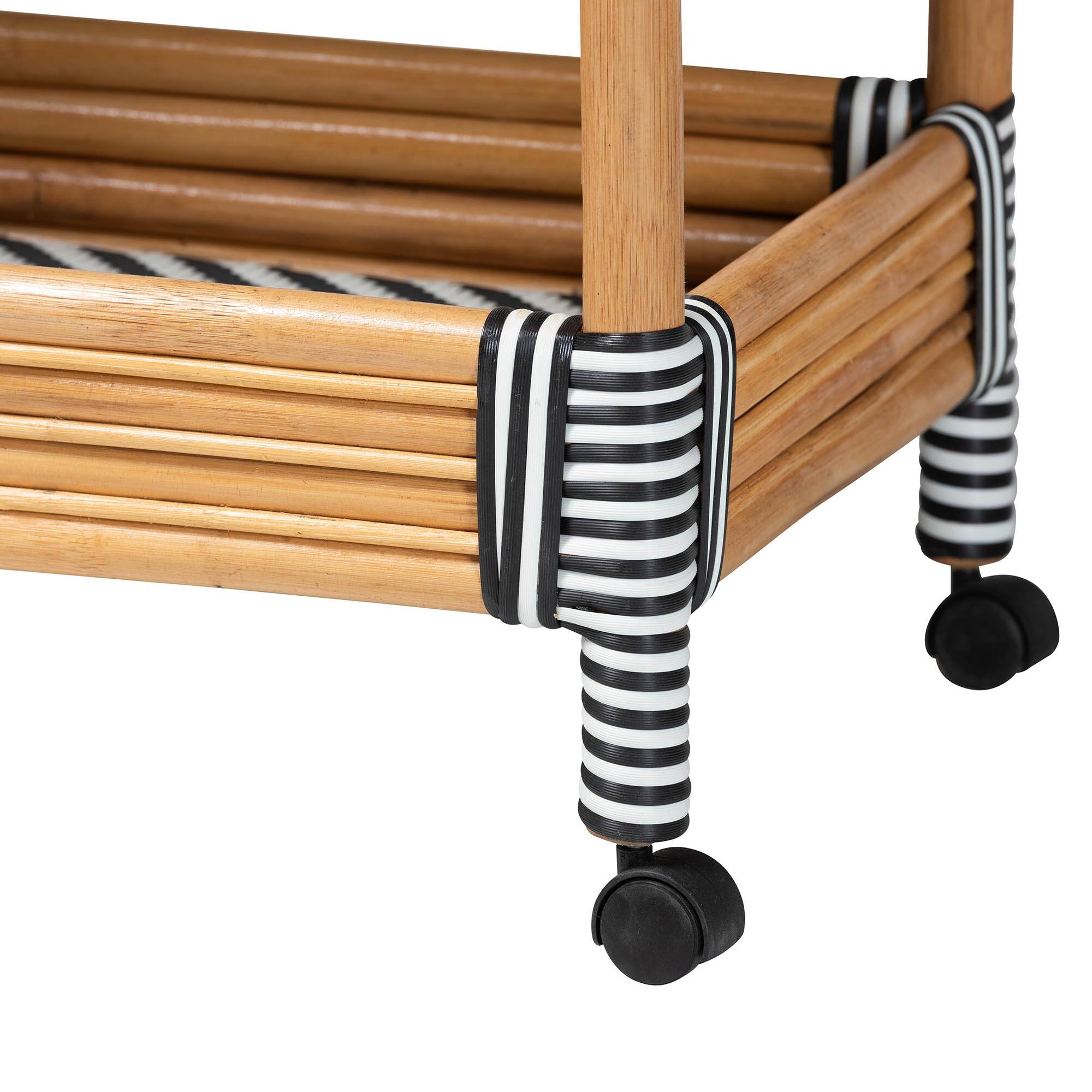 Alt View 1. bali & pari - Carmine Natural Rattan Kitchen Cart - 2-Tier Handwoven Wicker Storage Trolley with Raised Borders for Kitchen or Lounge - Natural Rattan.