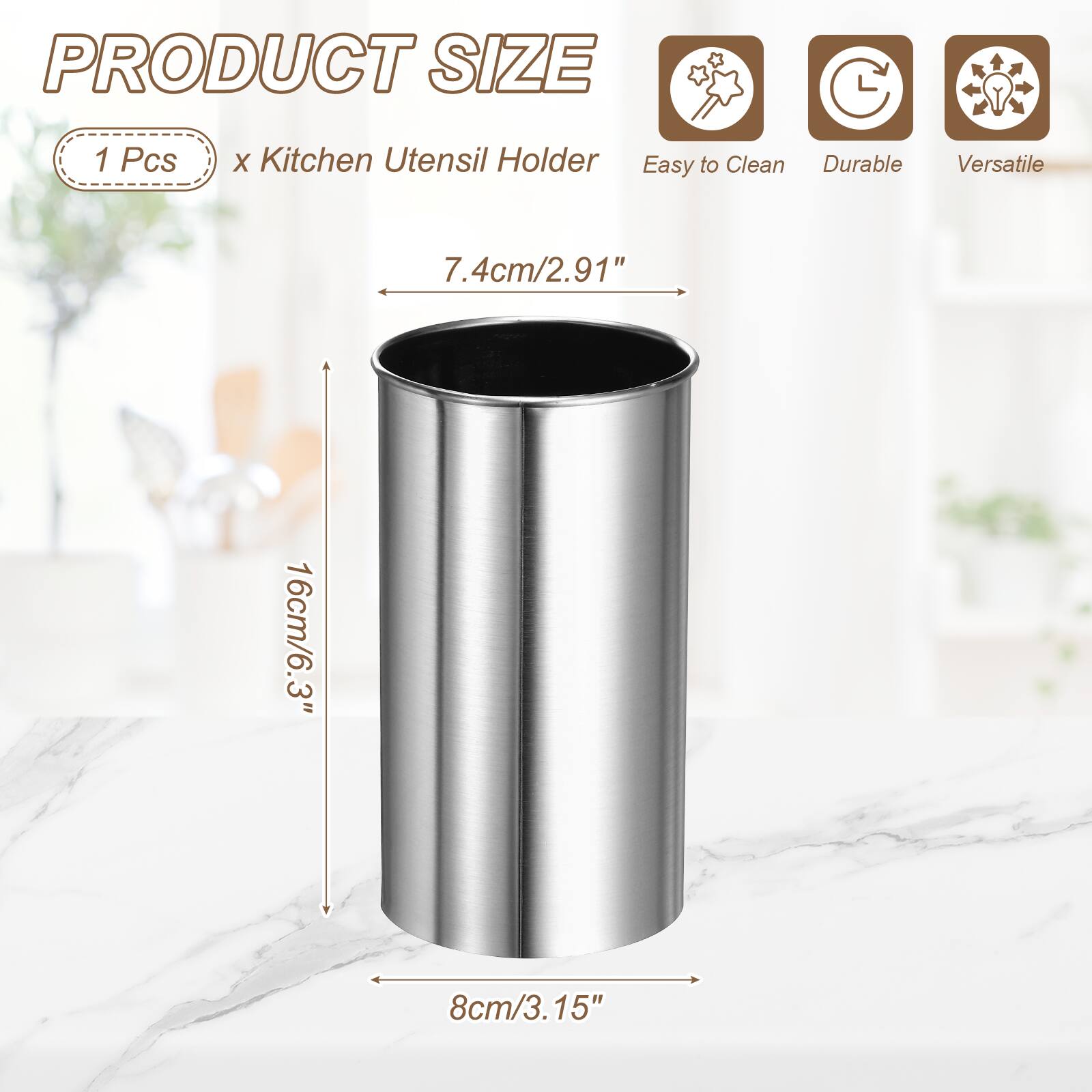 PRODUCT SIZE  
1 Pcs x Kitchen Utensil Holder  
Easy to Clean  
Durable  
Versatile  

7.4cm/2.91"  
16cm/6.3"  
8cm/3.15"