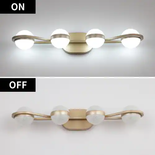Left. LUCKY ONE - 28in Wall Mount LED Vanity Light, 4-Light Gold Bathroom Fixture with Crystal Sand Acrylic Shades - Gold.