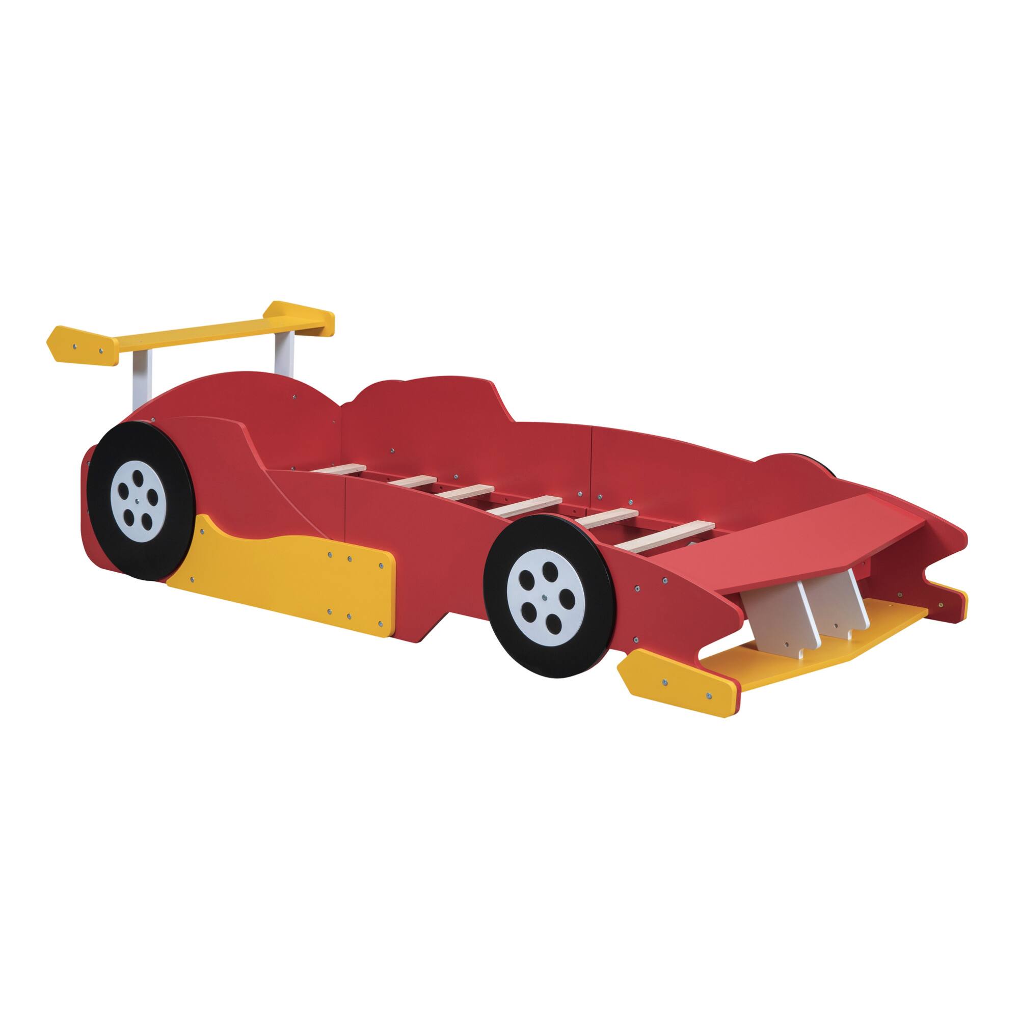 Alt View 1. GOODSILO - Twin Size Youth Race Car Themed Platform Bed with Side Rails and Decorative Wheels - Red.