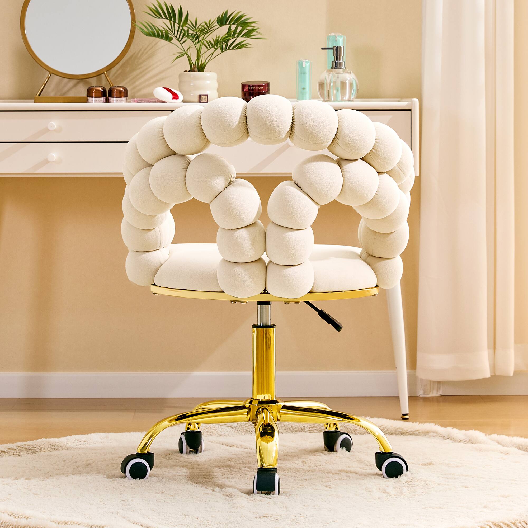 Left. Loheer - Loheer- Velvet Desk Chair Adjustable Swivel Office Chair with Bubble Back, 2.82 x 1.94 x 2.56 ft - Beige,Gold.