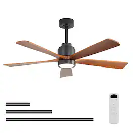 Sofucor - Wood Ceiling Fans with Lights and Remote Reversible 6 Speeds 3CCT Dimmable, Noiseless, Indoor/Outdoor Ceiling Fan Quiet - Black-52in with 5 Blades