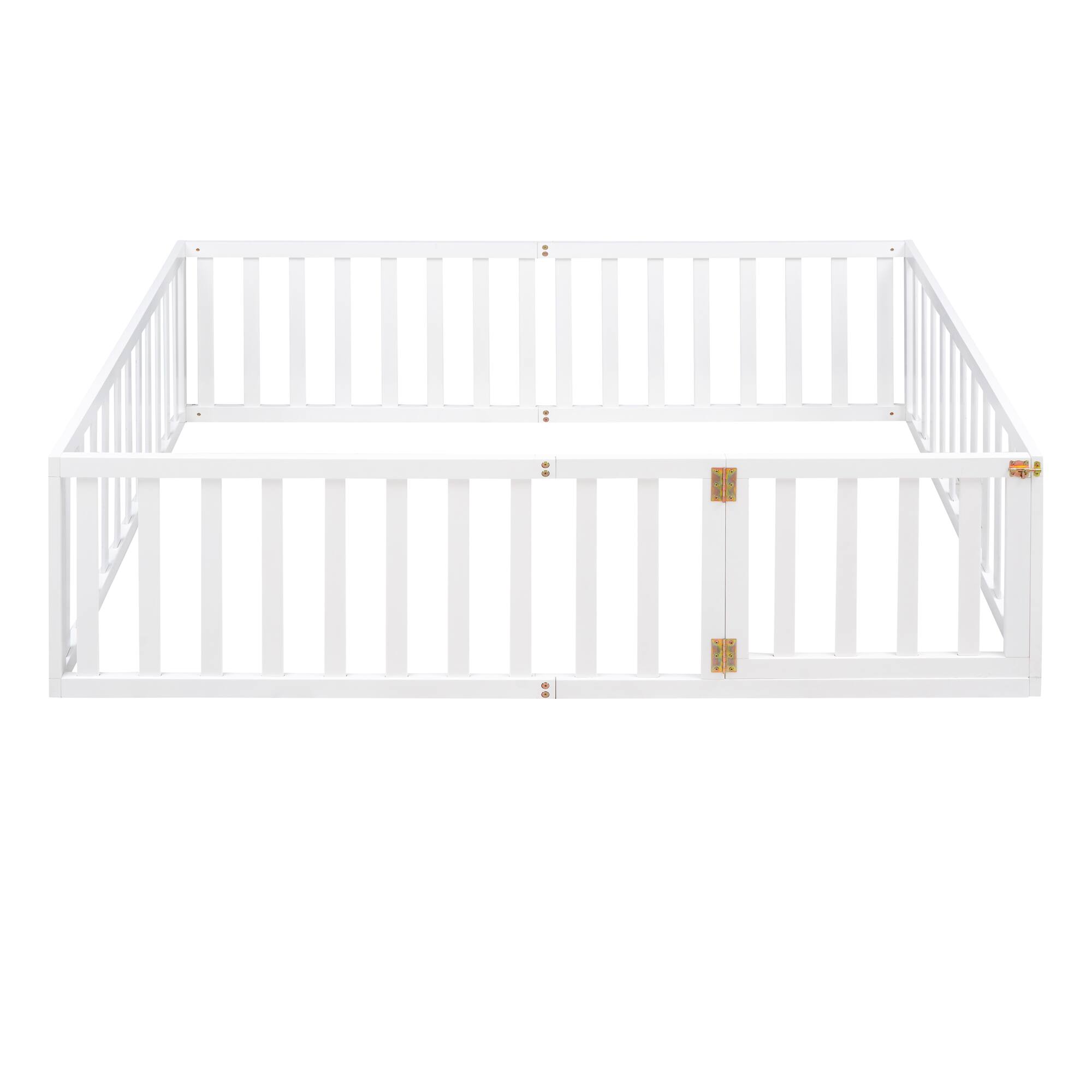 Back. Whisen - Wood Daybed Frame, Montessori Floor Bed with Fence and Door - White.