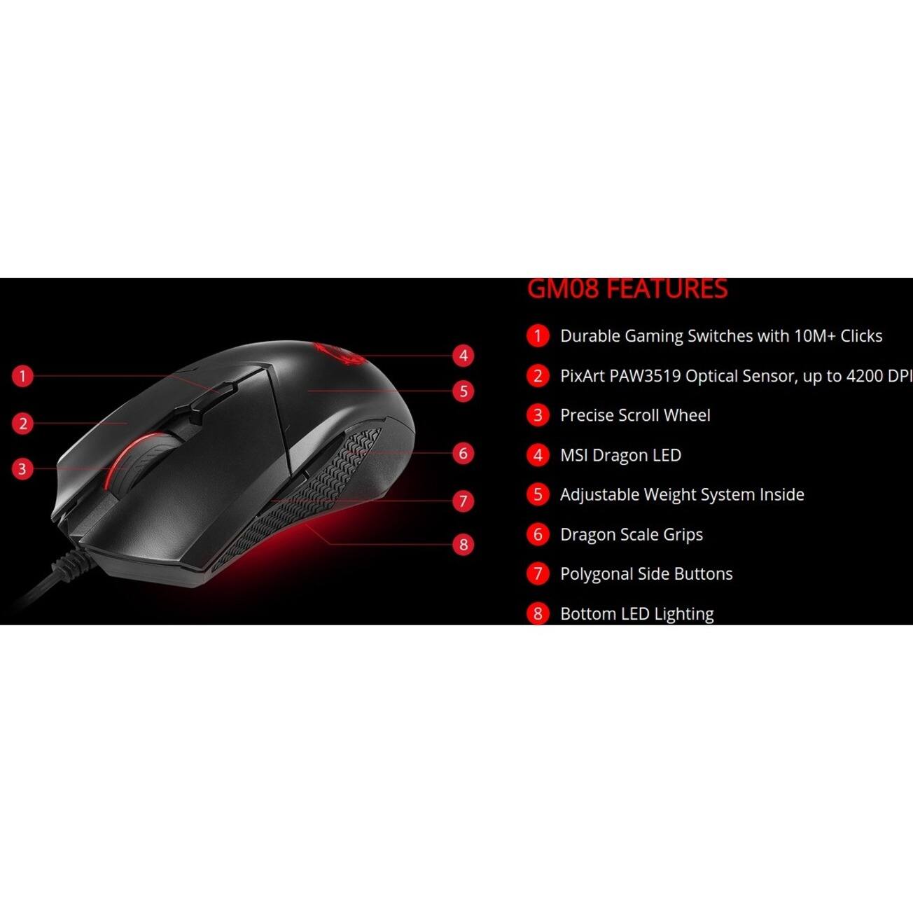 MSI Clutch GM08 Wired Optical Gaming Mouse Wired Black CLUTCHGM08