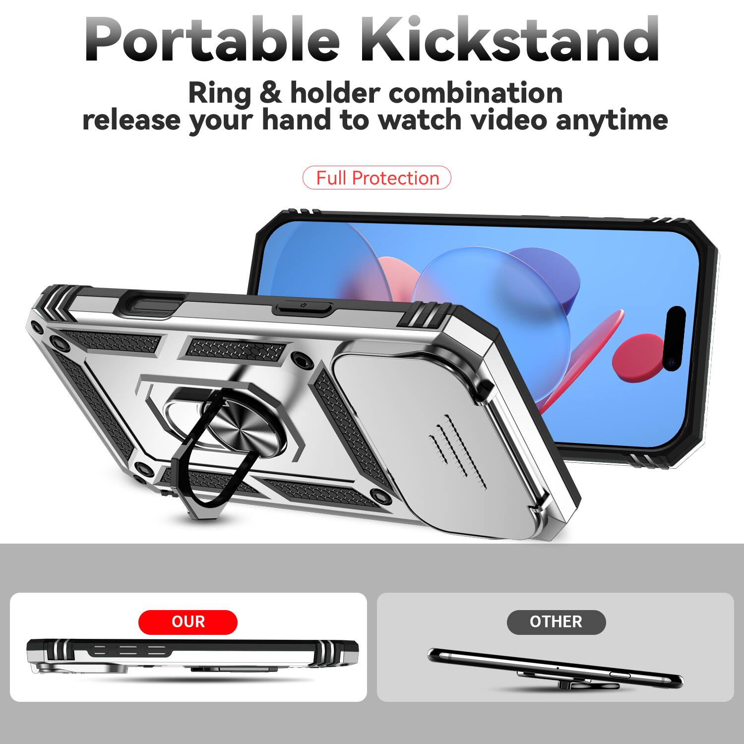 Portable Kickstand  
Ring & holder combination release your hand to watch video anytime  
Full Protection  

OUR  
OTHER