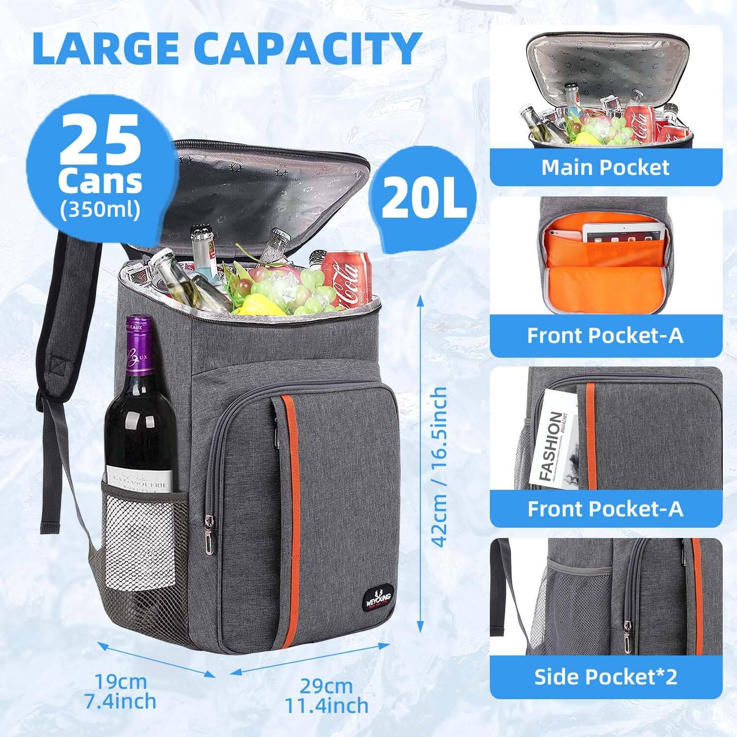 Left. Live At Space - Camping Cooler Backpack 25 Cans  Leak Proof Insulated Thermal Bag Beach Travel Picnic Lunch For Men Women - 1-grey.