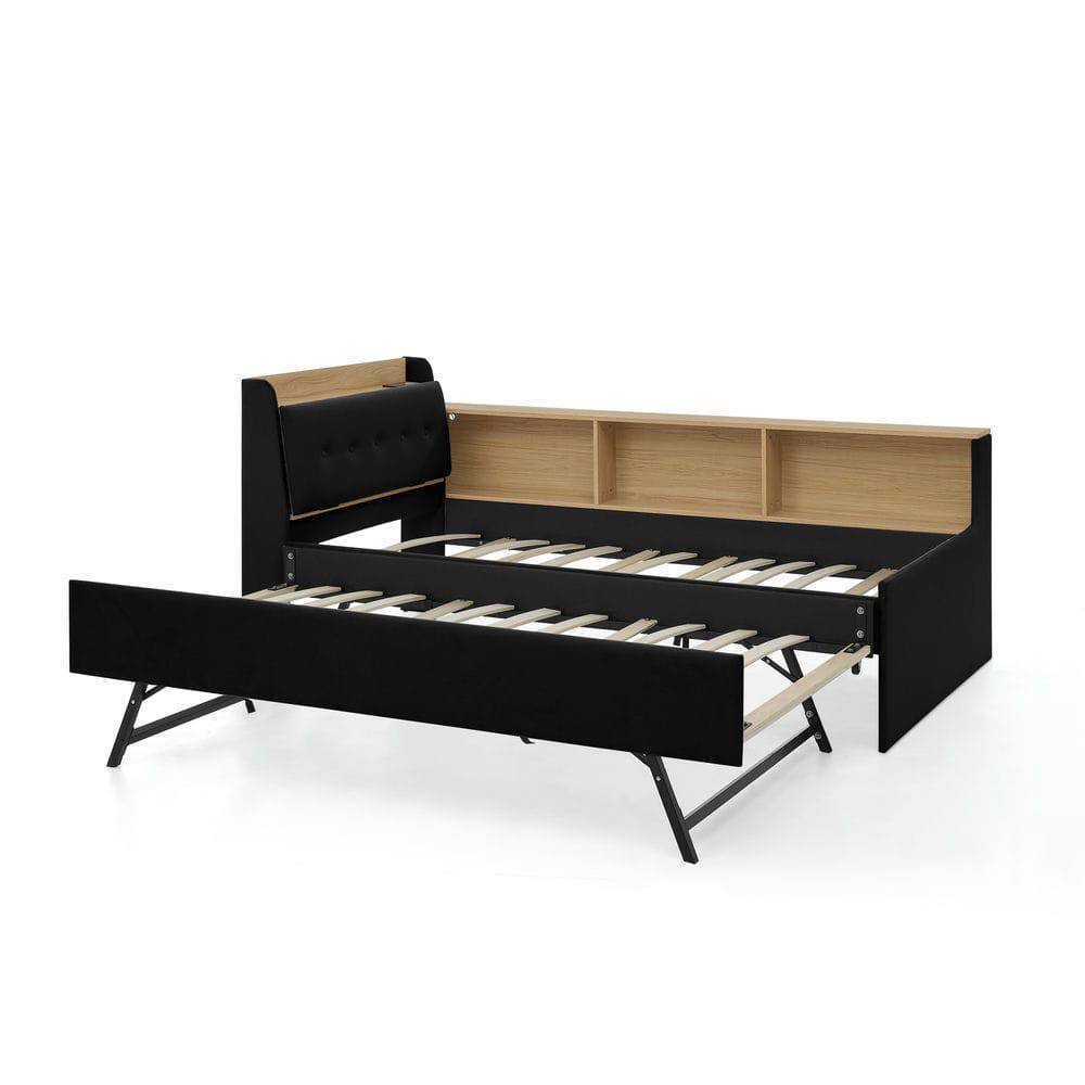 Alt View 6. Kadyn - Twin Size Upholstered Velvet Height Adjustable Daybed with Storage Headboard, Wireless Charging, Trundle & LED Lights - Black.