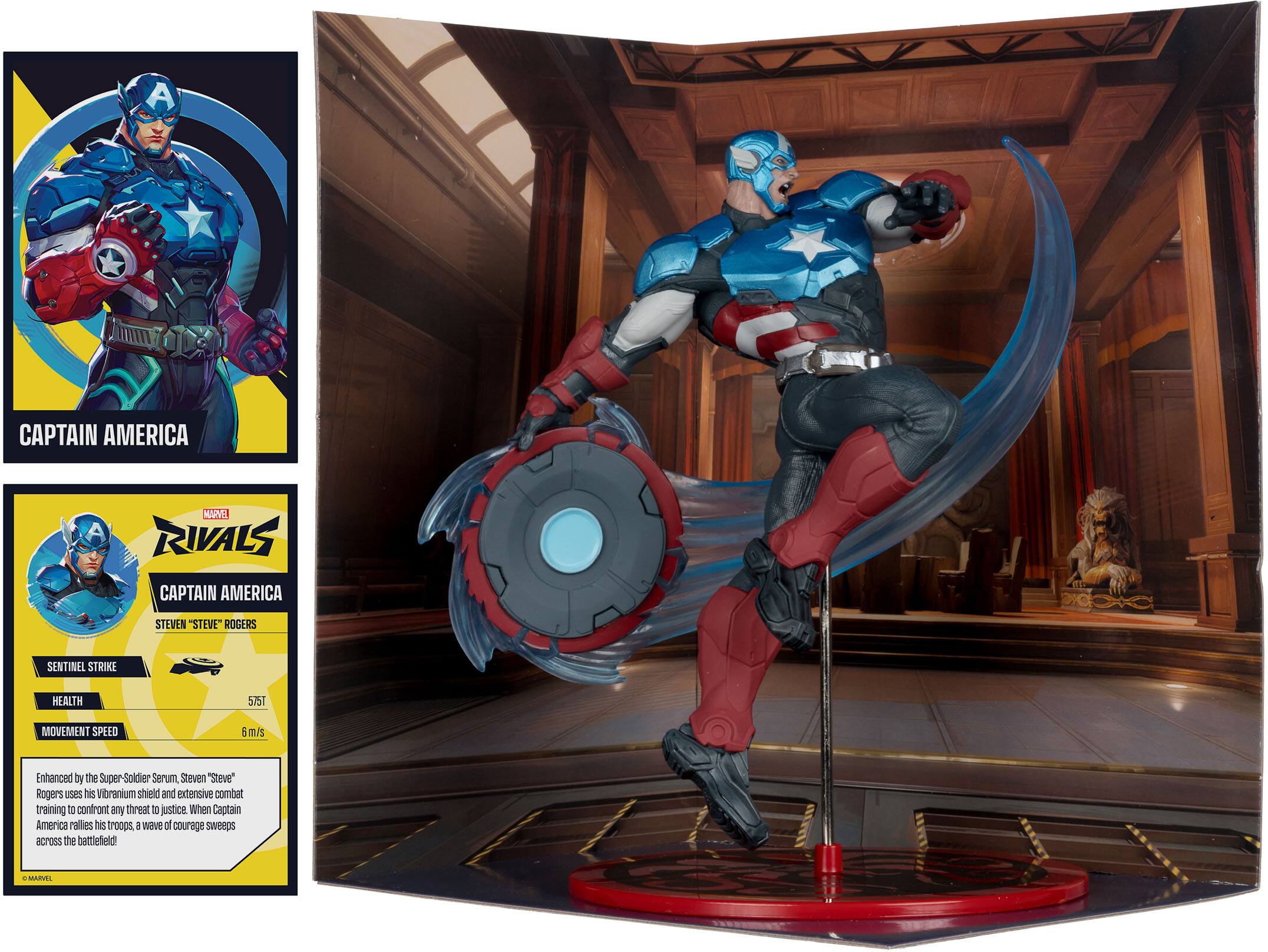 A CAPTAIN AMERICA A MAPL RIVALS CAPTAIN AMERICA STEVEN "STEVE" ROGERS SENTINEL STRIKE HEALTH 575T MOVEMENT SPEED 6m/s Enhanced by the Super Soldier Serum, Steven "Steve" Rogers uses his vibranium shield and extensive combat training to confront any threat to justice. When Captain America rallies his troops, a wave of courage sweeps across the battlefield MARVEL