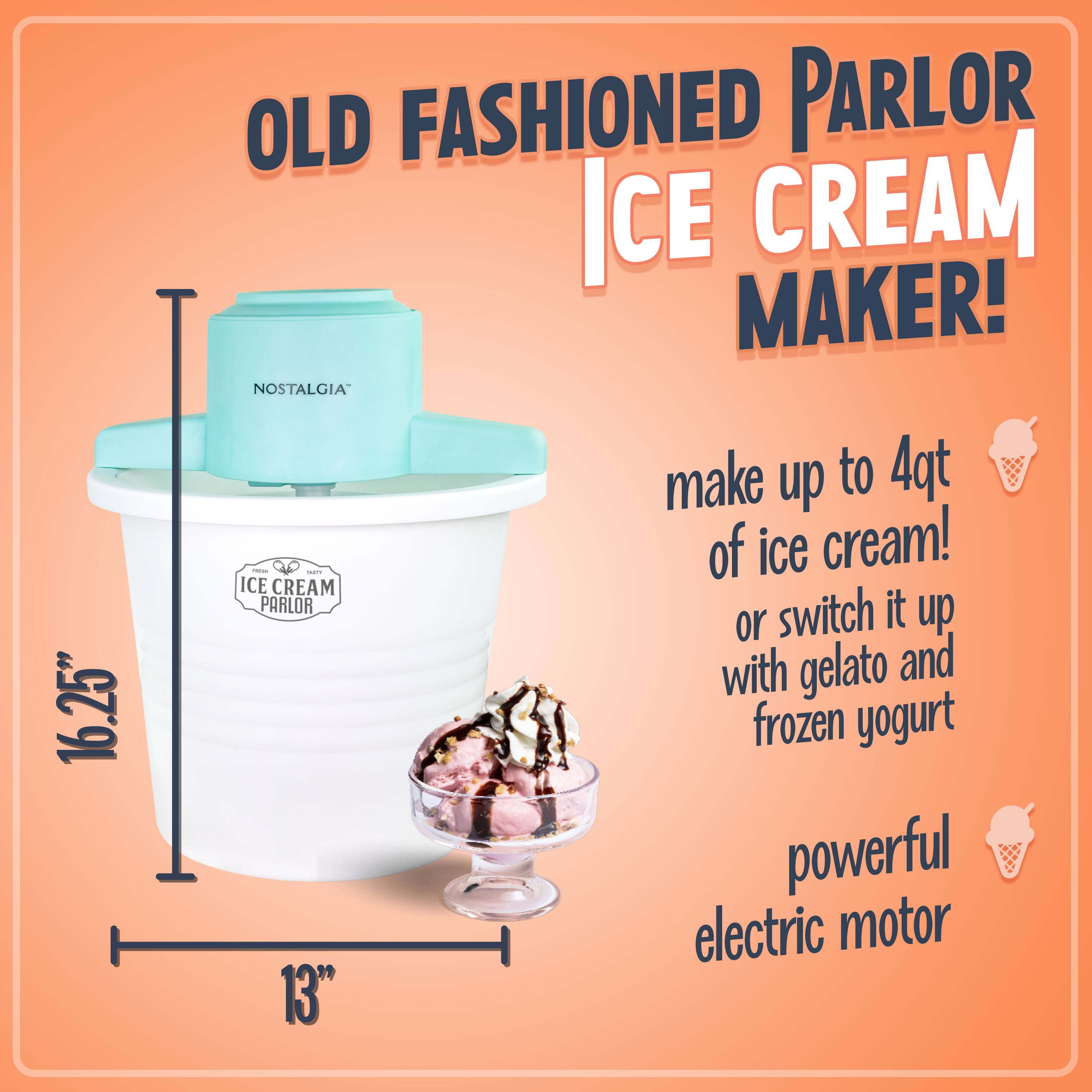 16.25" OLD FASHIONED PARLOR ICE CREAM MAKER!  
NOSTALGIA make up to 4qt of ice cream!  
ICE CREAM PARLOR  
switch it up with gelato and frozen yogurt  
powerful electric motor  
13"
