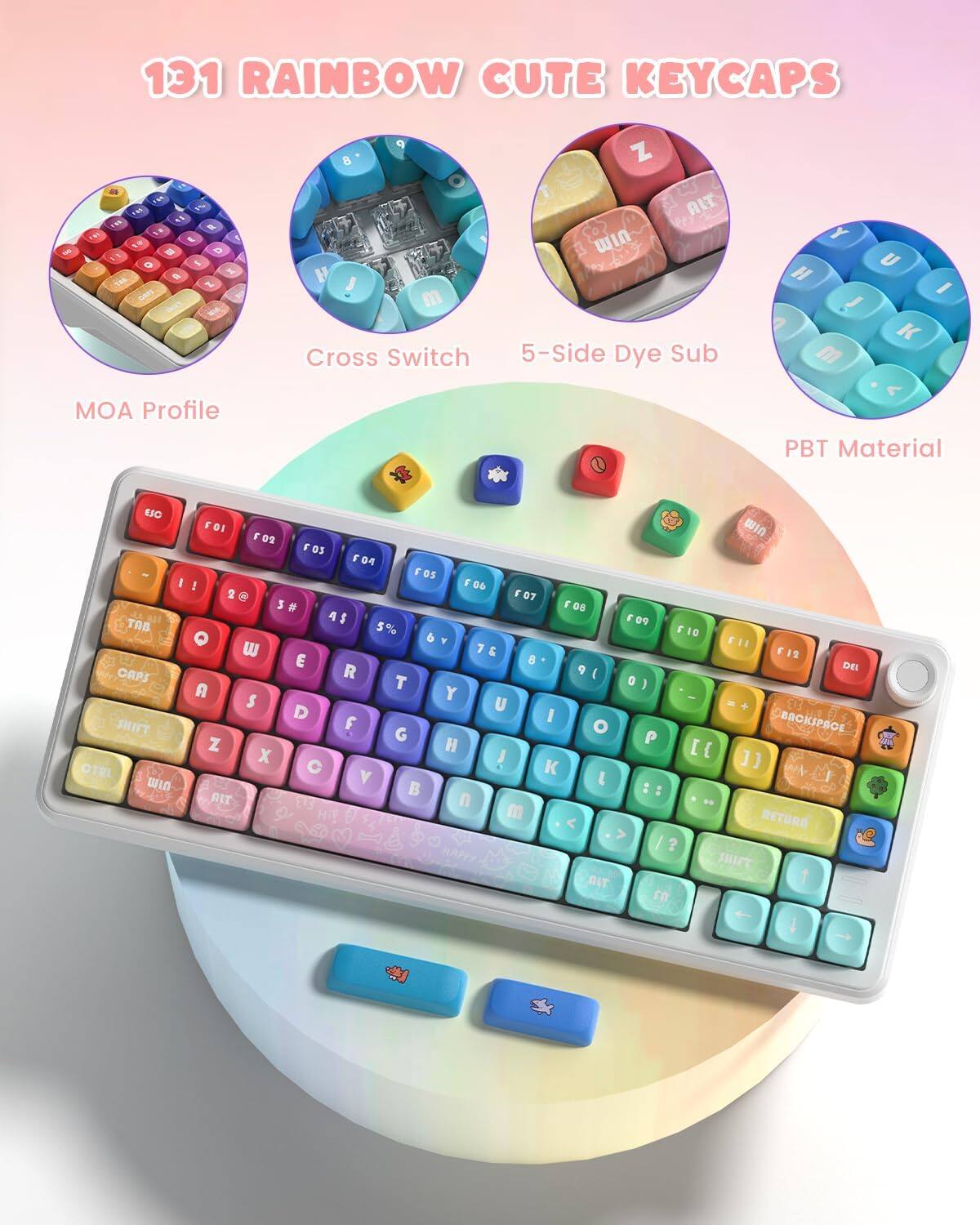 131 RAINBOW CUTE KEYCAPS

MOA Profile

Cross Switch

5-Side Dye Sub

PBT Material