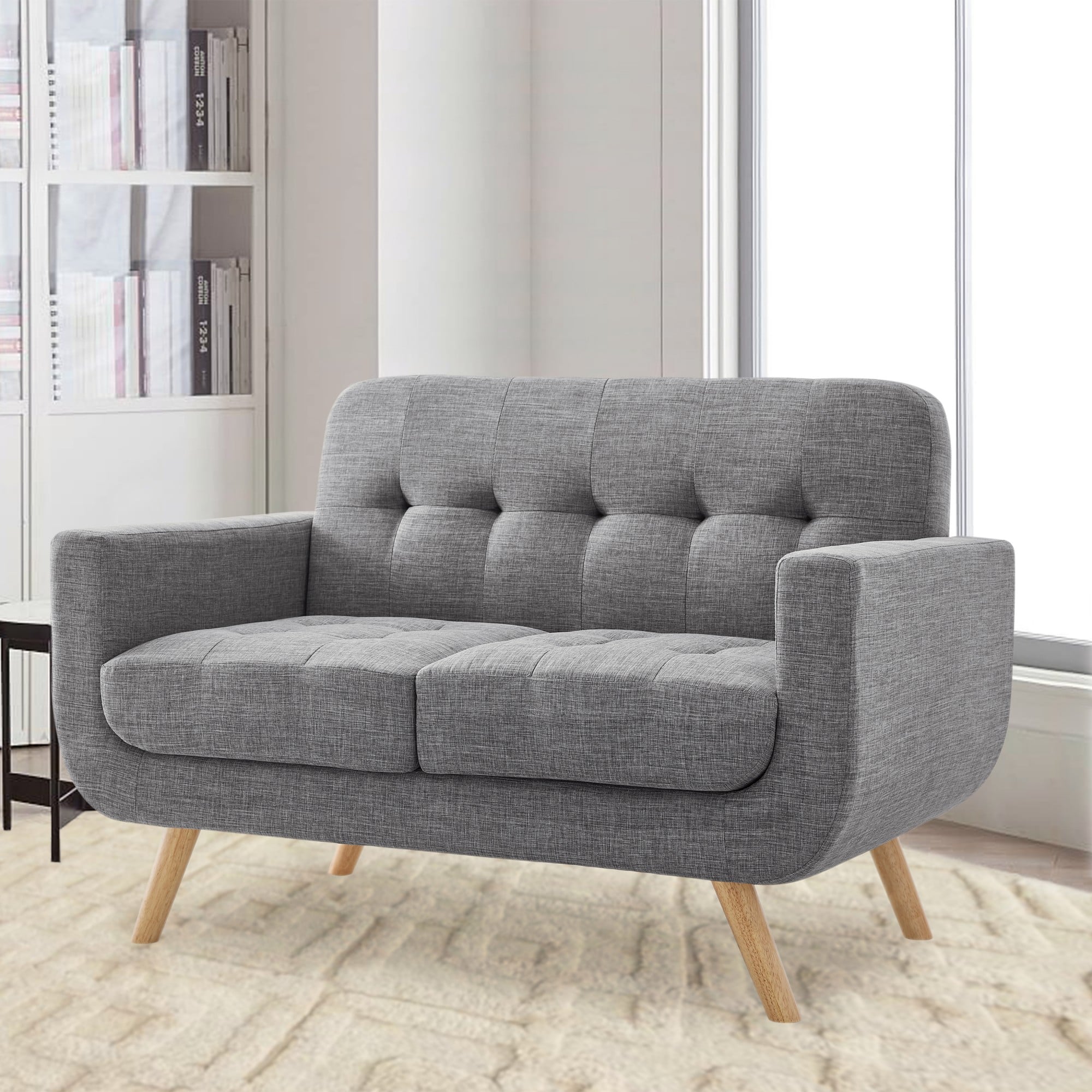 Boyel Living - Linen Button Tufted Loveseat with Solid Wood Legs - Light Gray