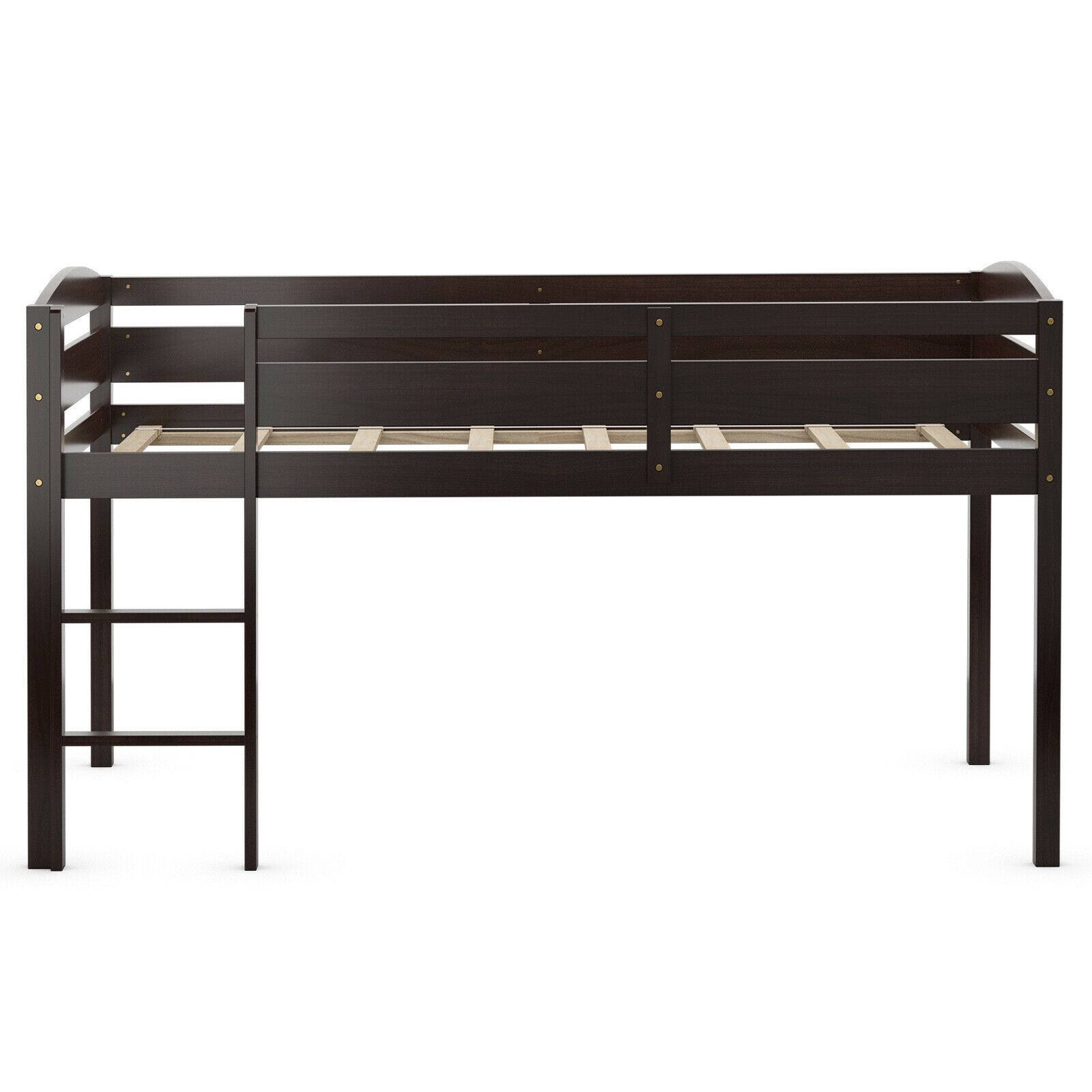 Back. Sugift - Wooden Twin Low Loft Bunk Bed with Guard Rail and Ladder - Brown.