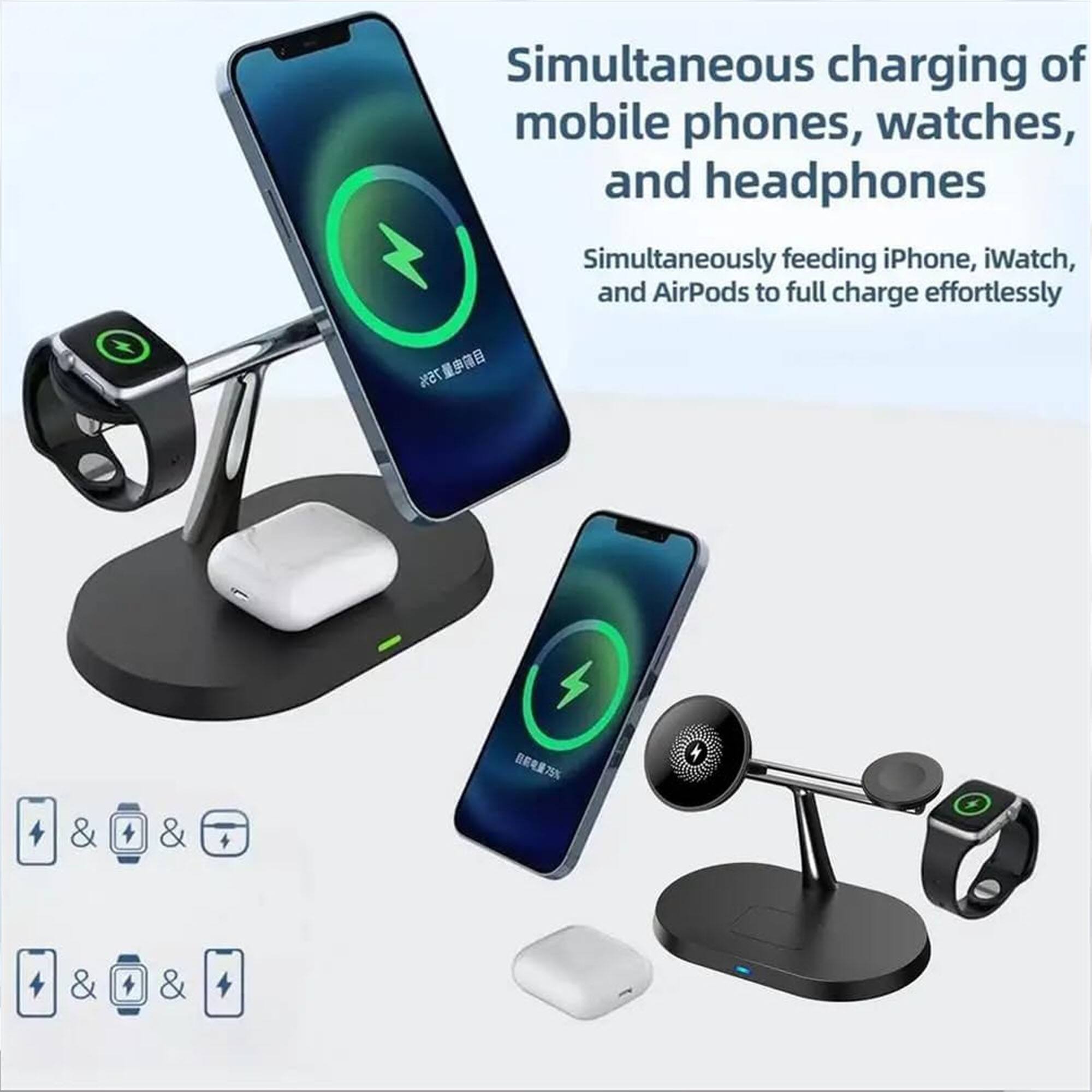 Simultaneous charging of mobile phones, watches, and headphones  
Simultaneously feeding iPhone, iWatch, and AirPods to full charge effortlessly