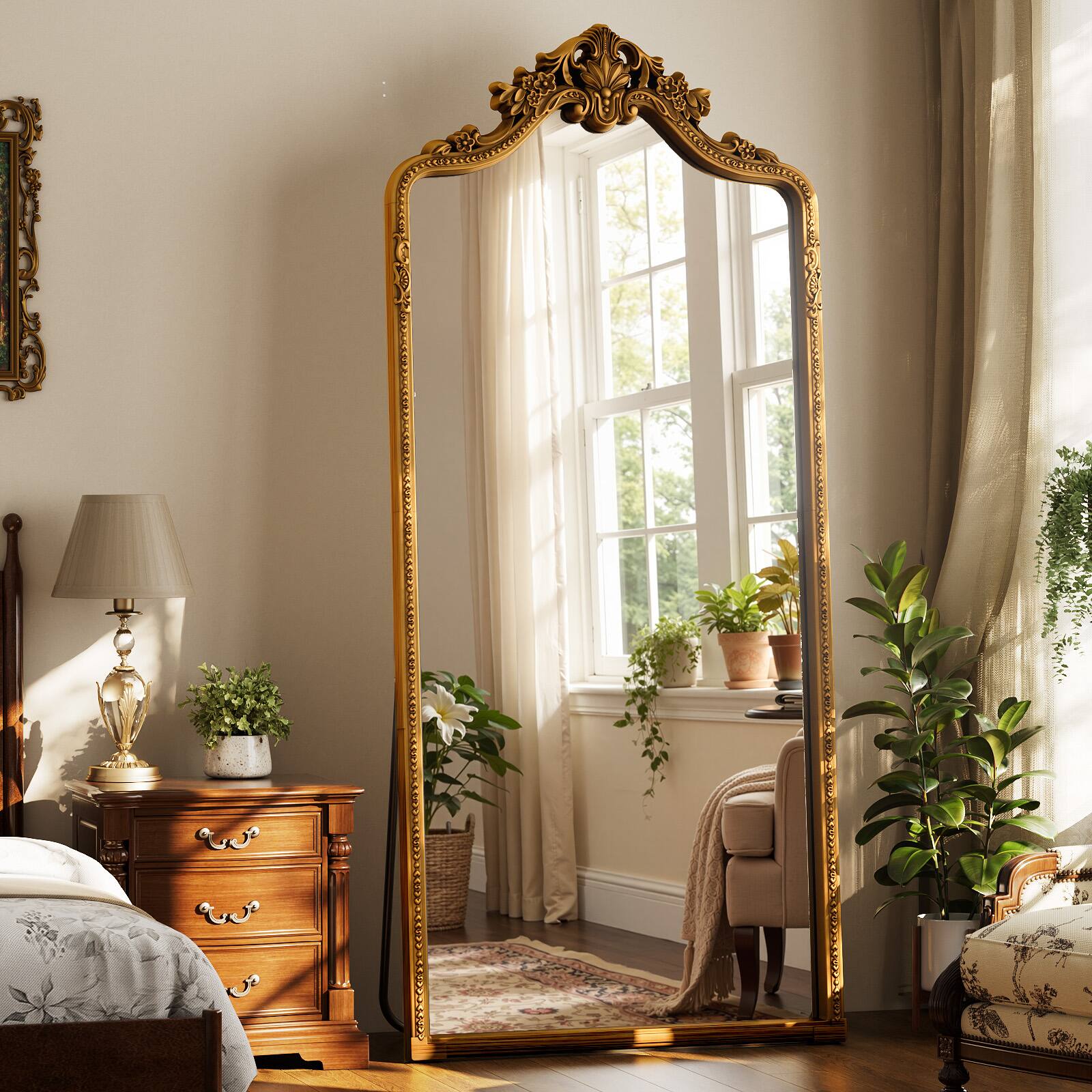 Front. Easly - Antique Gold 32 in. W x 71 in. H Arched PU Frame Ornate Carved Decoration Full Length Floor Mirror - Gold.