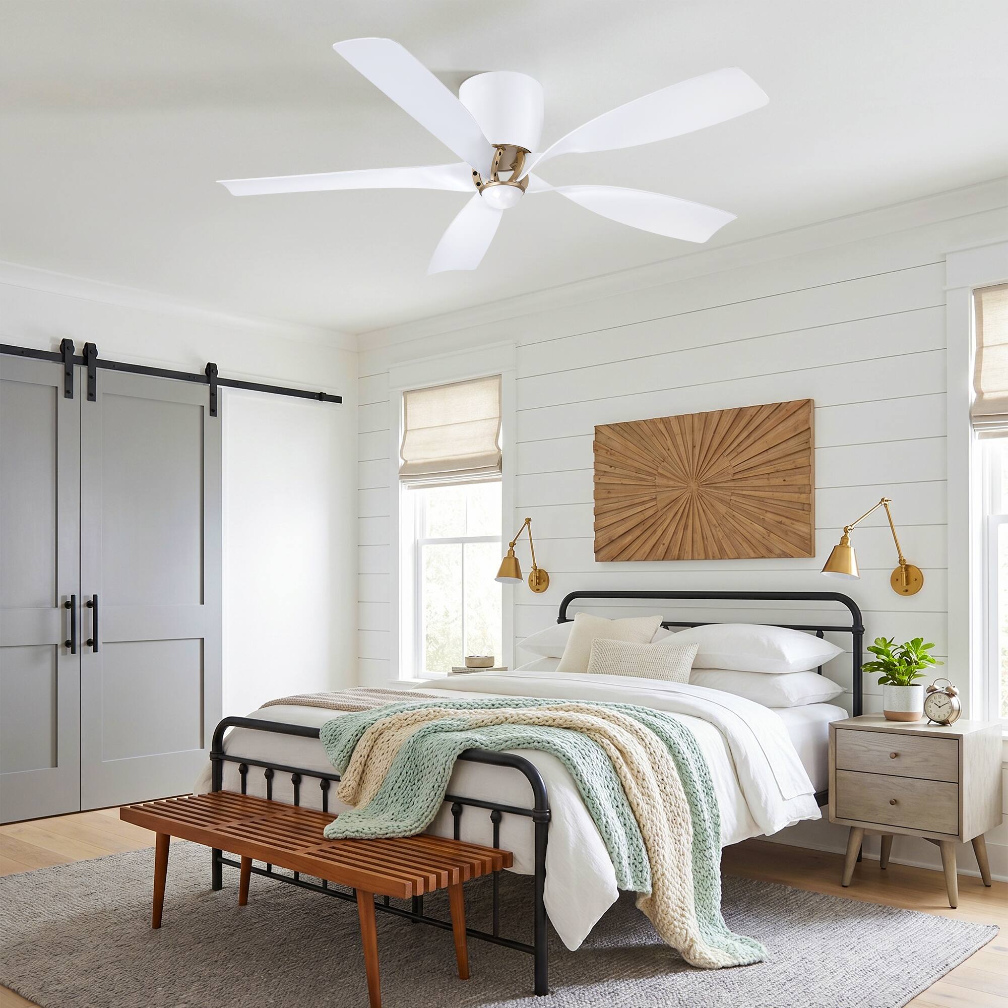 Back. Parrot Uncle - 52" Modern 5 Blades 6-Speed Flush Mount Low Profile Ceiling Fan with Remote, No Light - White.