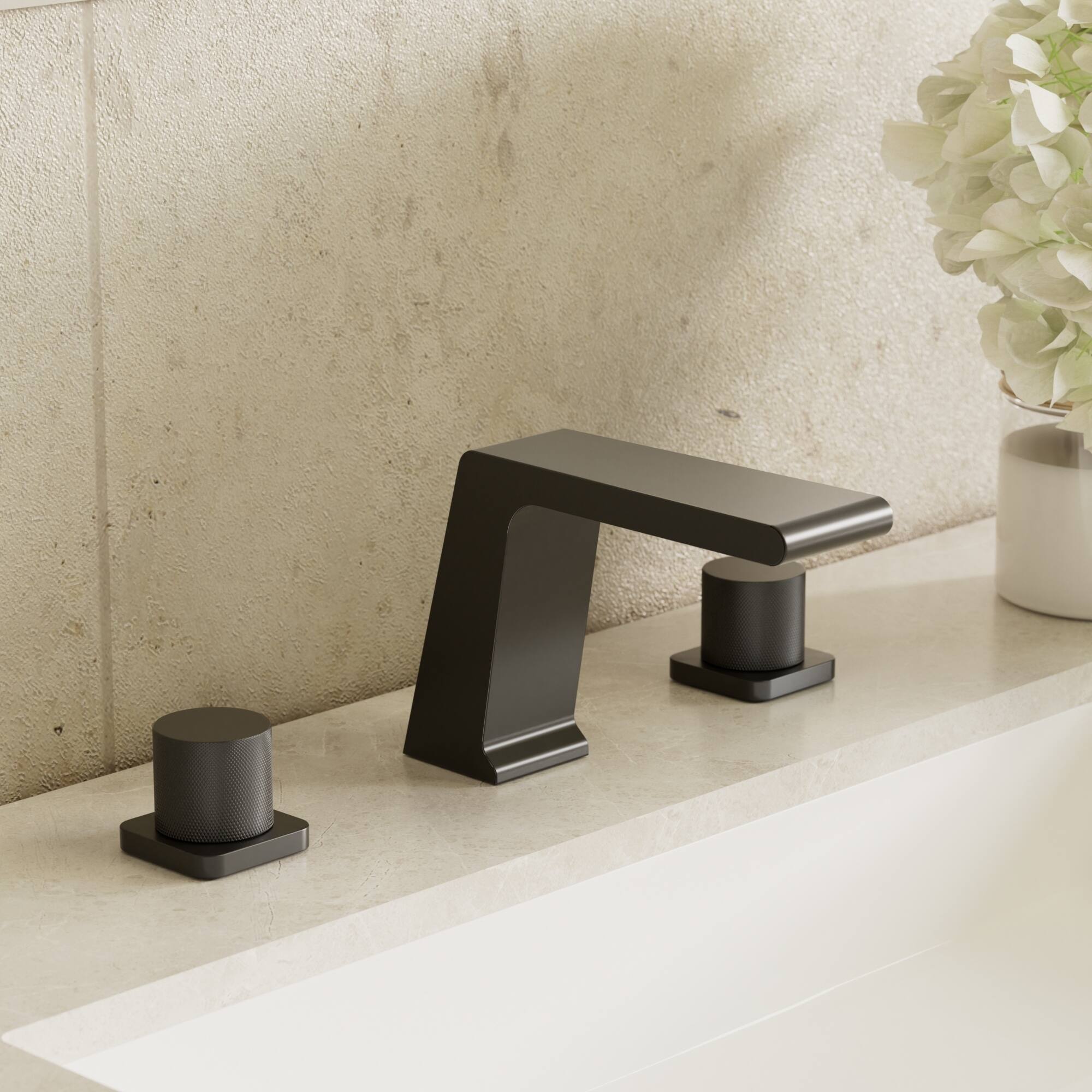 Angle. GRANDJOY - 3‑Hole Waterfall Bathroom Sink Faucet with Dual Handles, and Wide Spout for Modern Vanity Spaces - Matte Black.