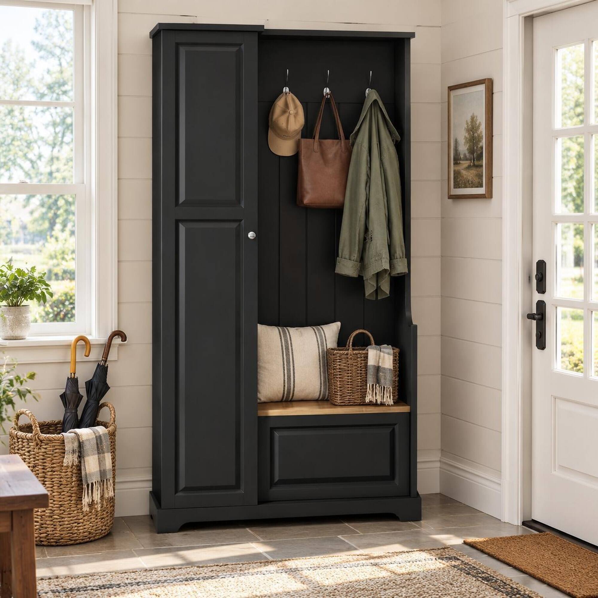 Left. RYHNUYNE - Black Hall Tree, Flip-Up Bench, 4 Shelves, 3 Hooks, MDF, Particle Board, 70.35 in Tall, Entryway and Mudroom Storage - Black.