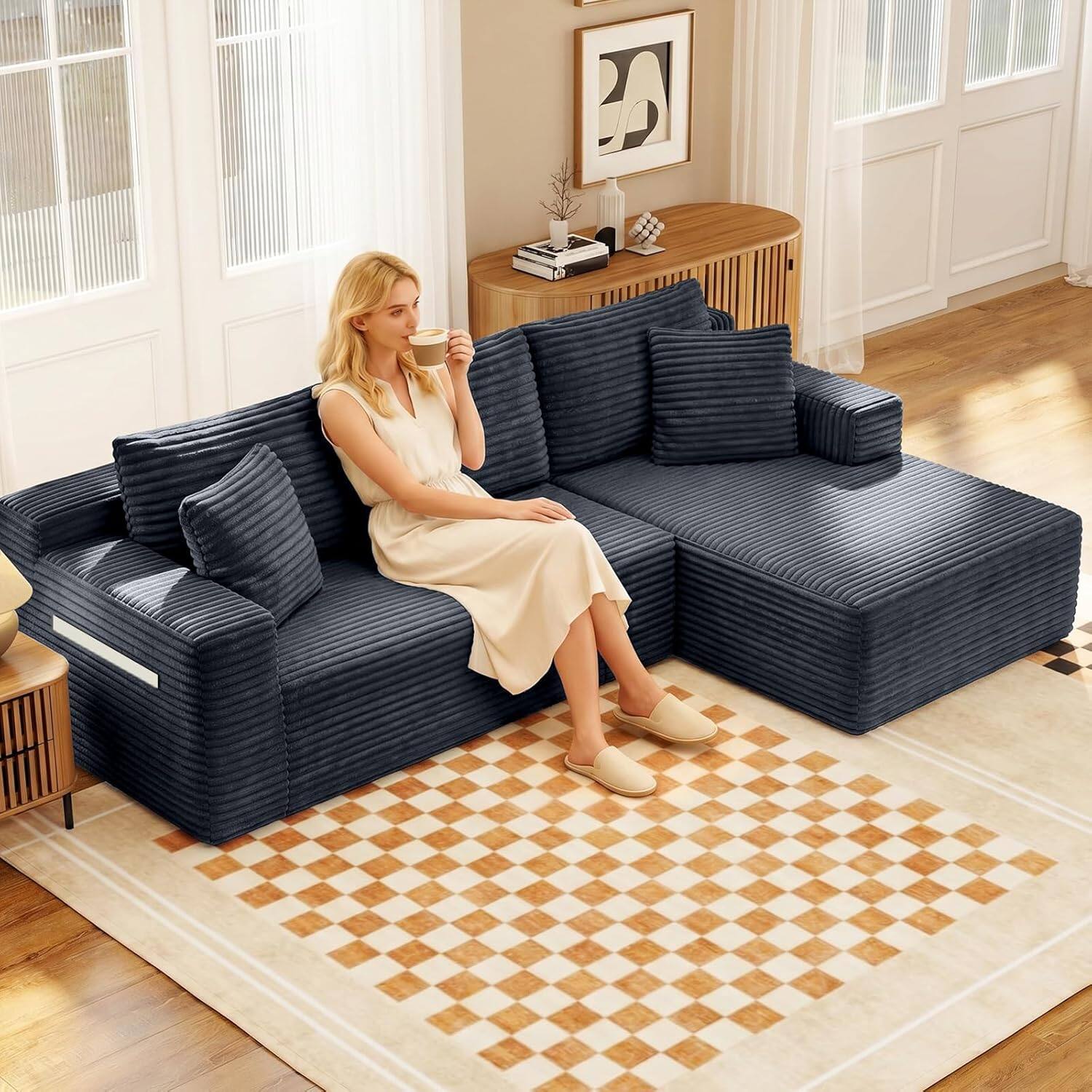 Angle. Anysun - 94.5" Modern Minimalist Right Facing L-Shaped Upholstered Sectional Couch with Chaise, No Assembly Required - Grey.