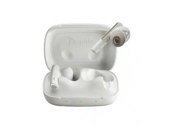 Front. HP - Poly True Wireless Earbuds - Stereo/Mono, Bluetooth, Noise Canceling, White Sand.