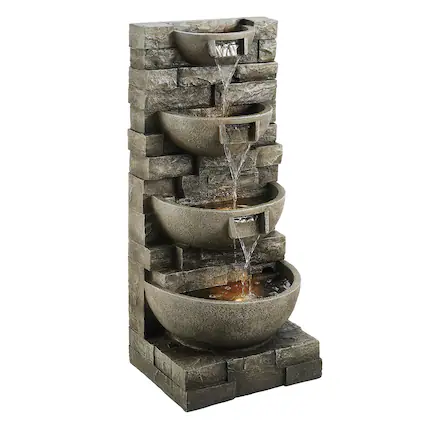 Front. VEVOR - Outdoor Water Fountain, 35.63-Inch Tall 4-Tier Cascading Design with LED Light and Pump, Modern Block Stack Style - Dark Gray.