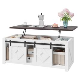 U-HOMY - Lift Top Coffee Table with Storage and Sliding Barn Doors, Farmhouse Center Table for Living Room - White