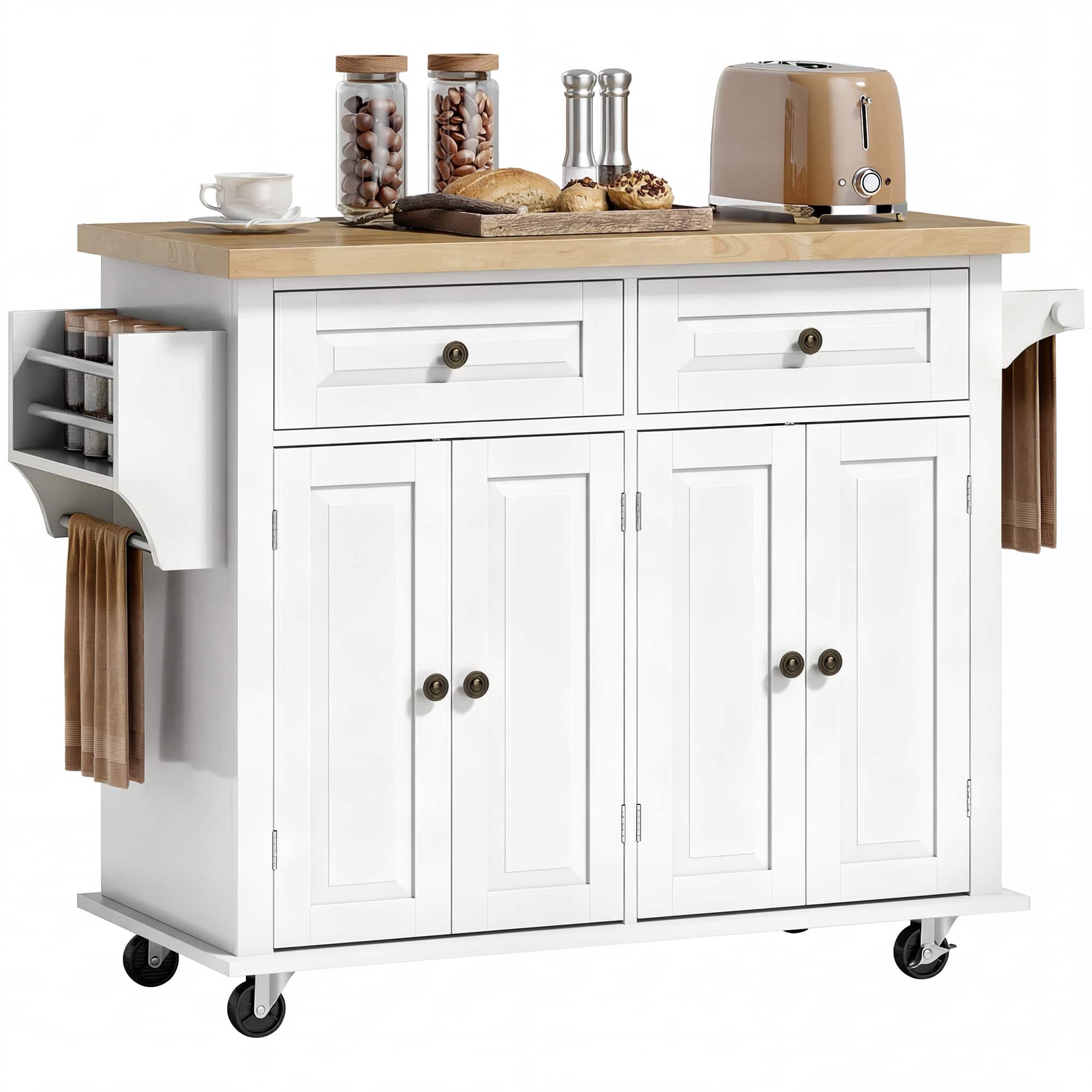 Homcom - Mobile Kitchen Island Table, Kitchen Island Cart on Wheels with Storage Cabinets - White