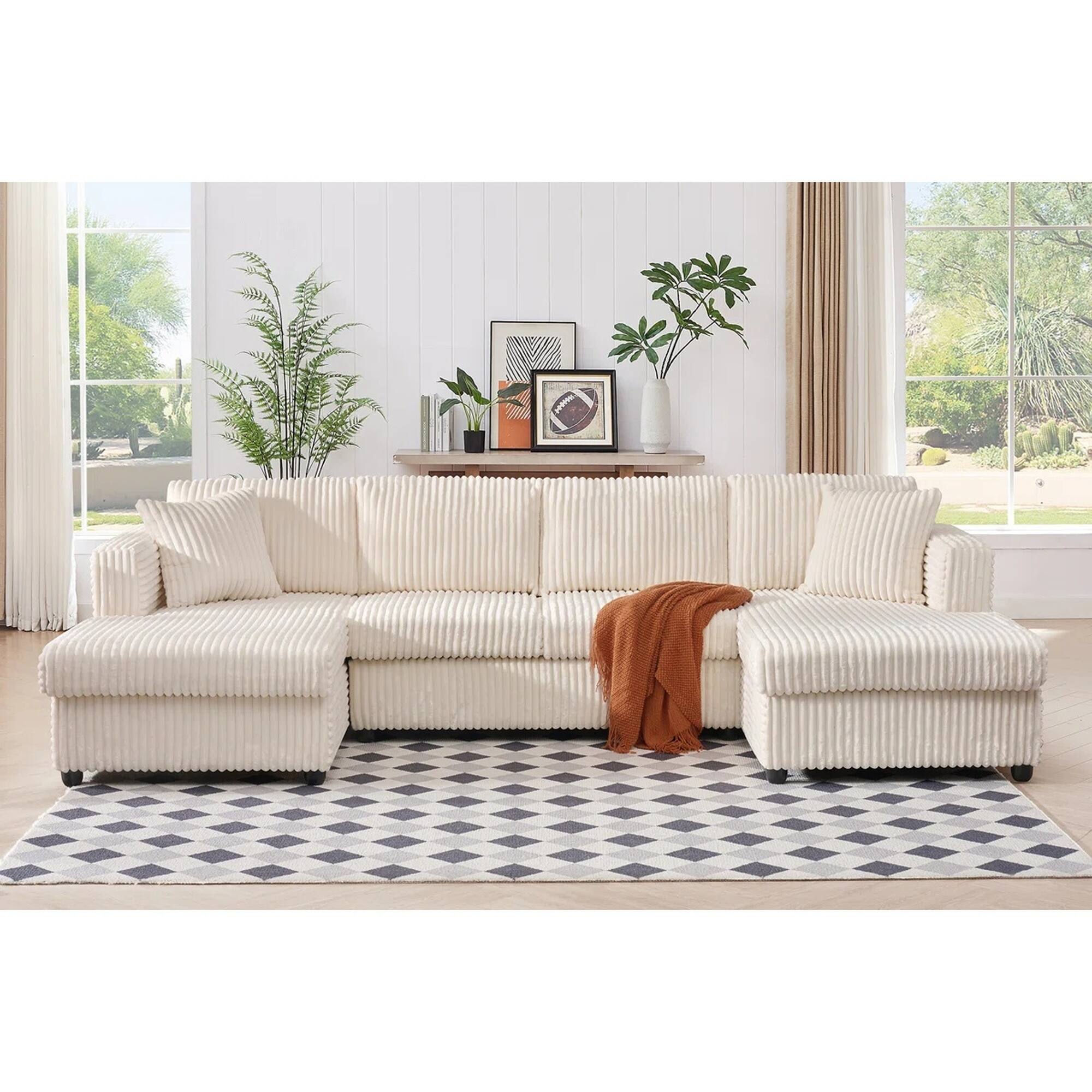 Front. Yardgrace - 6-Seater Modular U-Shaped Sectional Sofa – Extra Large Corduroy with Double Chaises - Beige.
