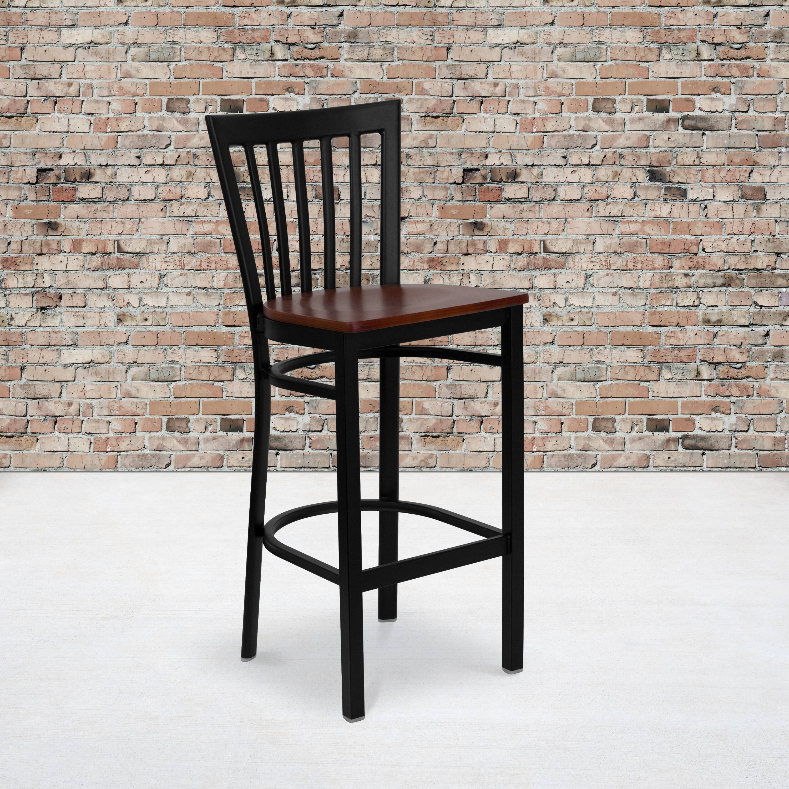 Alt View 1. Emma + Oliver - School House Back Metal Restaurant Dining Barstool - Cherry Wood Seat/Black Metal Frame.