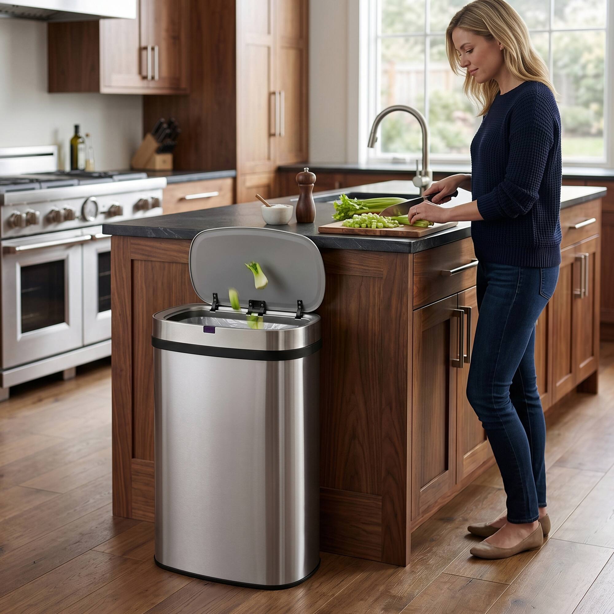 Alt View 4. Innovaze - 16-Gal. Touchless Motion Sensor Kitchen Trash Can with Bonus 45 Trash Bags, Stainless Steel Oval Design - Silver.