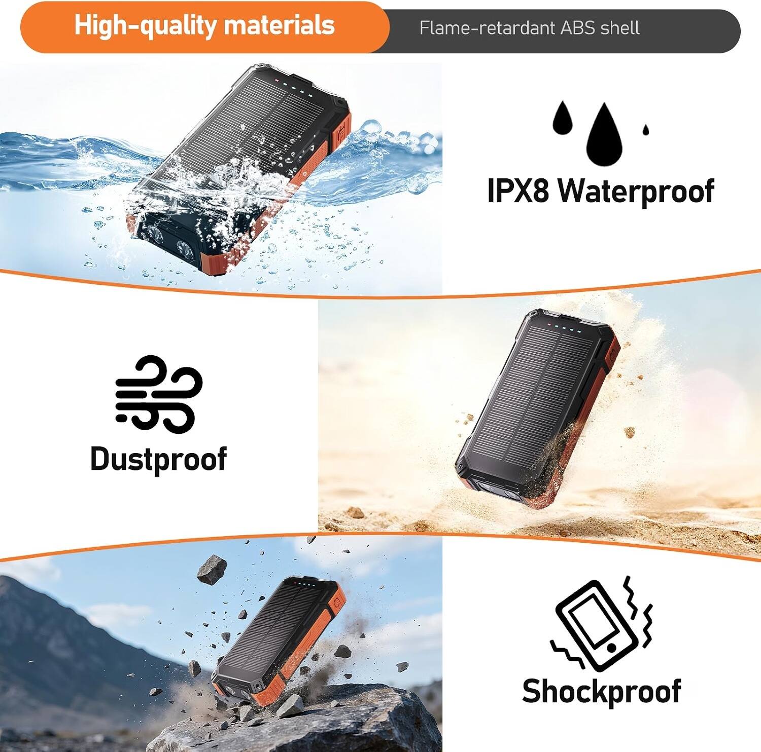 High-quality materials  
Flame-retardant ABS shell  
IPX8 Waterproof  
Dustproof  
Shockproof