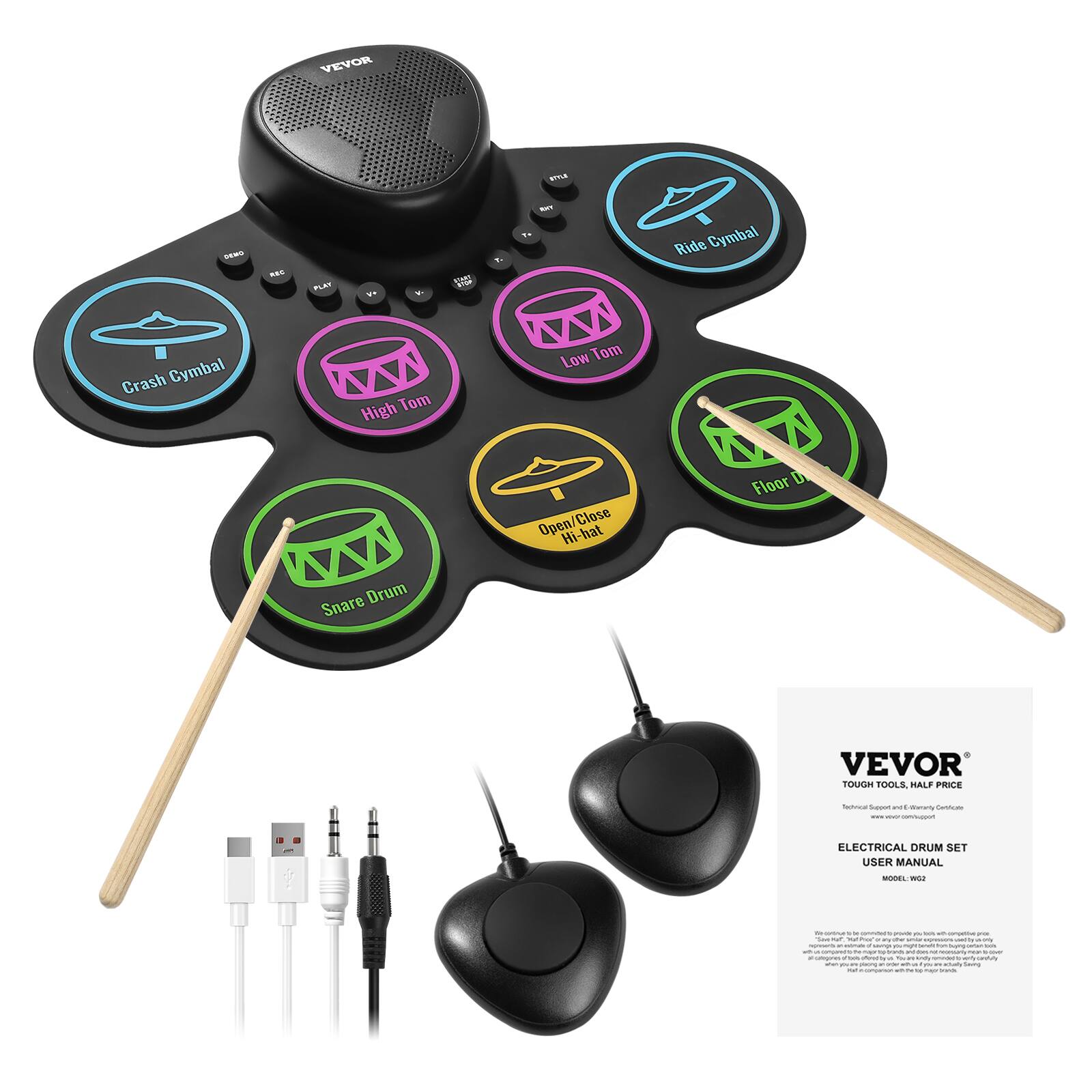VEVOR  
SWS  
ELECTRICAL DRUM SET USER MANUAL  

Ride Cymbal  
Crash Cymbal  
High Tom  
Low Tom  
Open/Close Hi-hat  
Floor D  
Snare Drum  

VEVOR  
TOUGH TOOLS, HALF PRICE  
ELECTRICAL DRUM SET  
USER MANUAL  
MODEL: W02  

Technical Support and Disney Channel  
www.vevor.com  
support@vevor.com  

Please refer to the user manual for detailed instructions on how to set up and use the drum set.