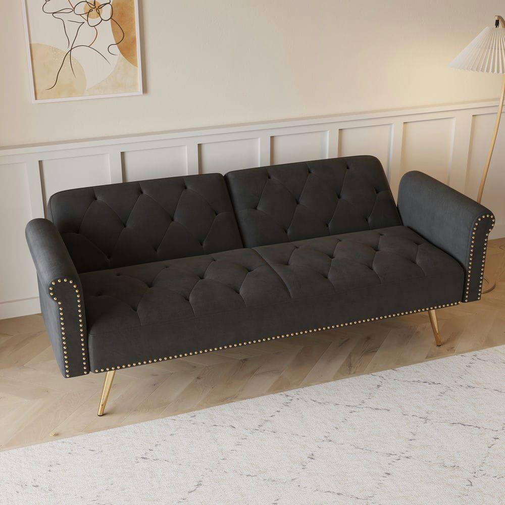 Alt View 1. Kadyn - 69.7" Velvet Sofa Bed with Nail Head Trim & Matching Throw Pillow - Black.