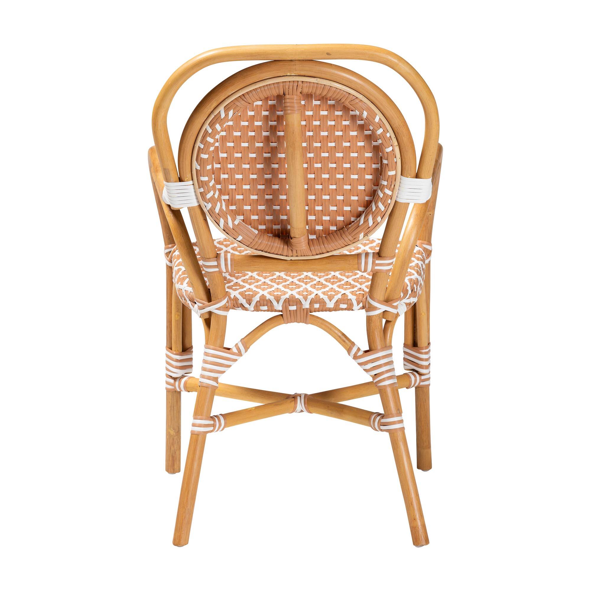 Back. bali & pari - Mattie Rattan Bistro Chair - Cafe-Style Dining Chair with Curved Arms for Indoor/Outdoor Lounge, Beige - Natural Brown/Beige/White.