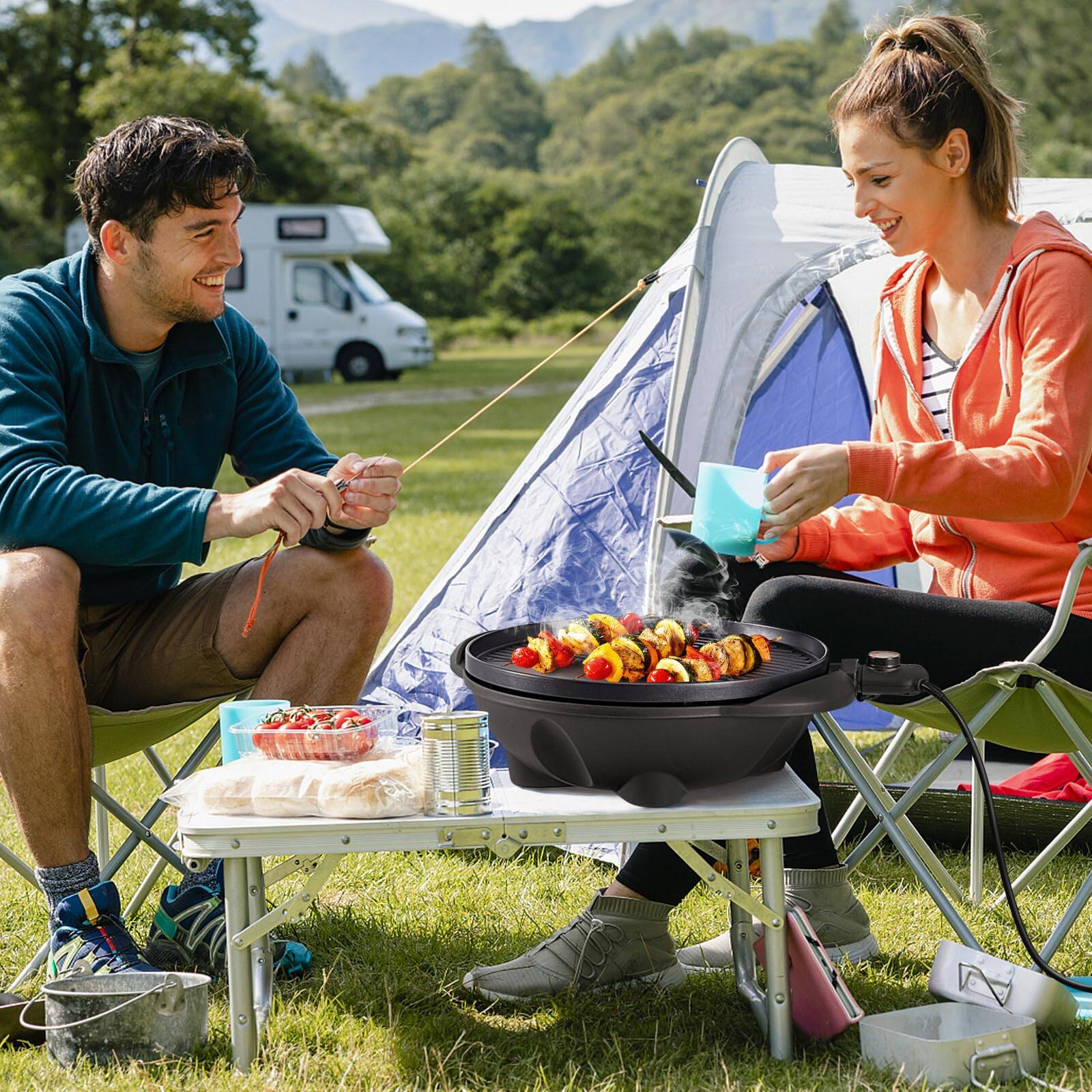 Alt View 7. Ecooso - 1350W Outdoor Electric BBQ Grill with Removable Stand, Nonstick Cooking Surface.