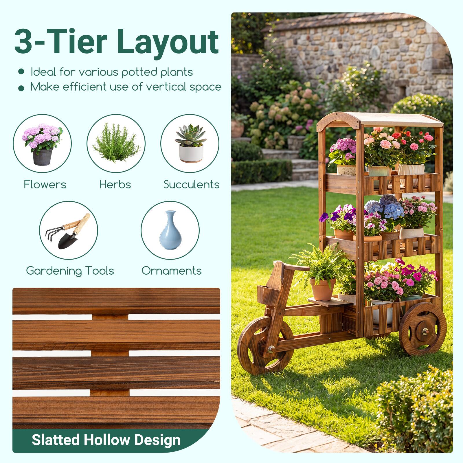 3-Tier Layout  
Ideal for various potted plants  
Make efficient use of vertical space  

Flowers  
Herbs  
Succulents  
Gardening Tools  
Ornaments  

Slatted Hollow Design