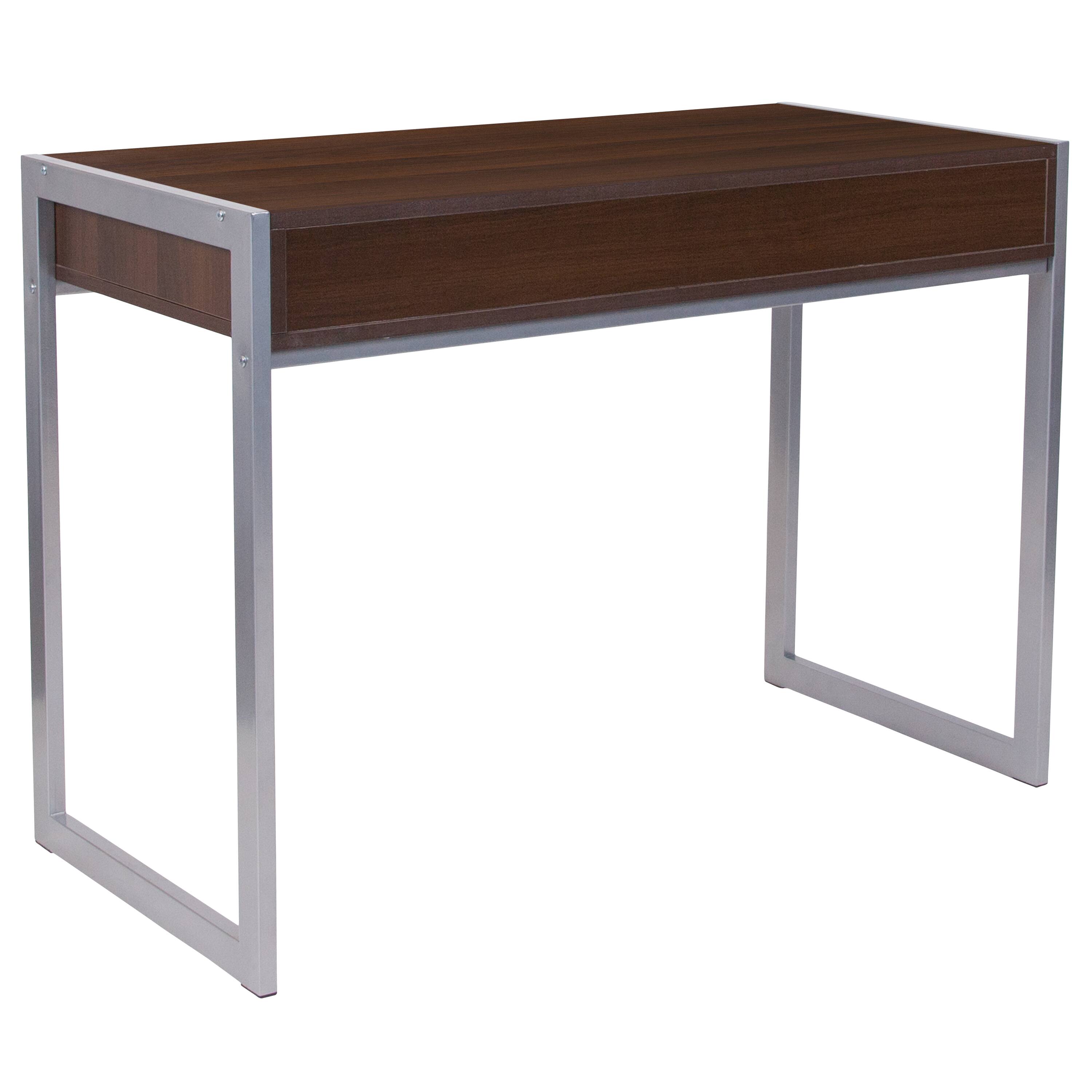 Alt View 3. Emma + Oliver - Dark Wood Grain Finish Desk with Two Drawers and Silver Metal Frame - Dark Wood Grain.