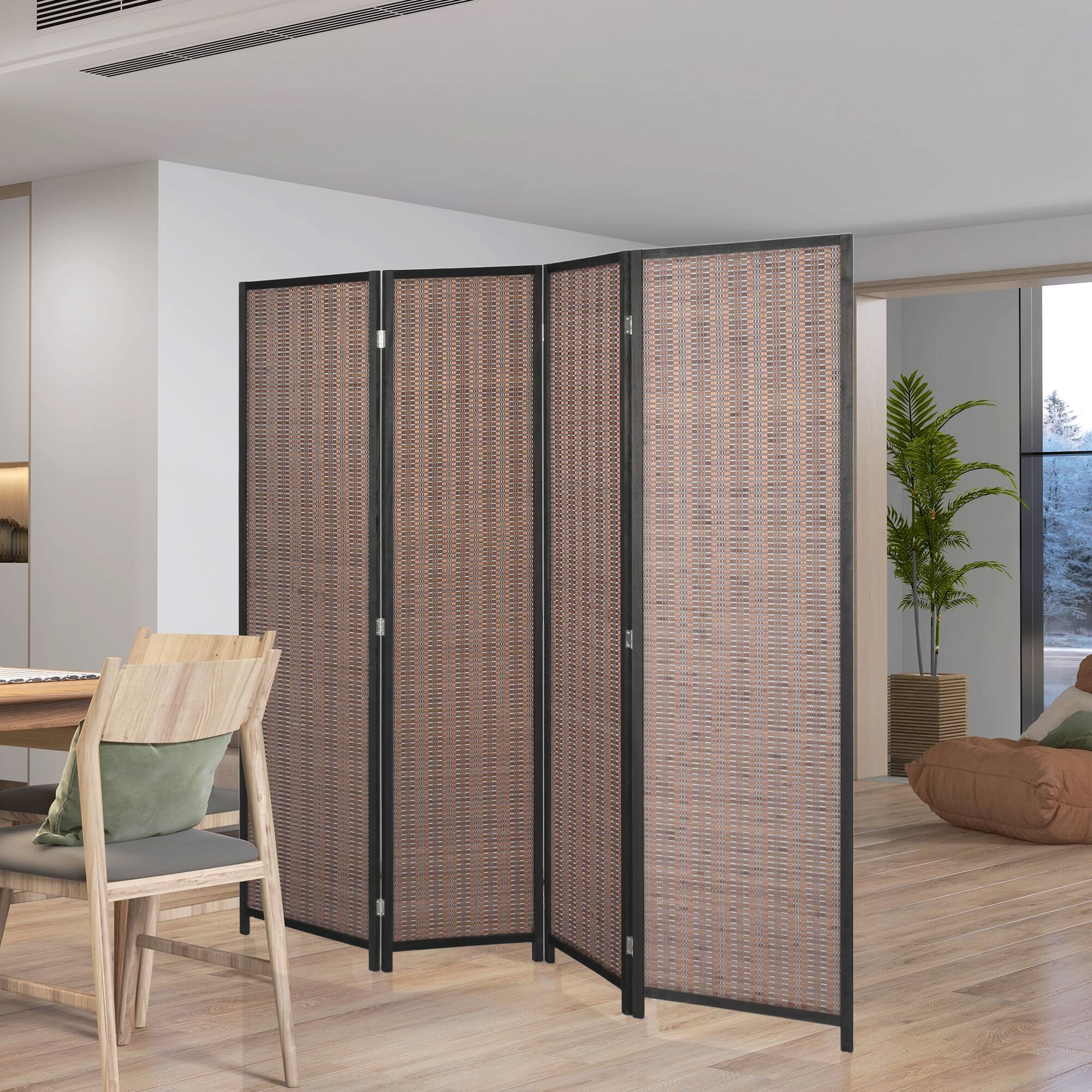 Alt View 6. Homcom - Divider Folding Privacy Screen Freestanding 4 Panel Pine Wood for Bedroom Home Office 6 Ft Tall Black - Black, Brown.